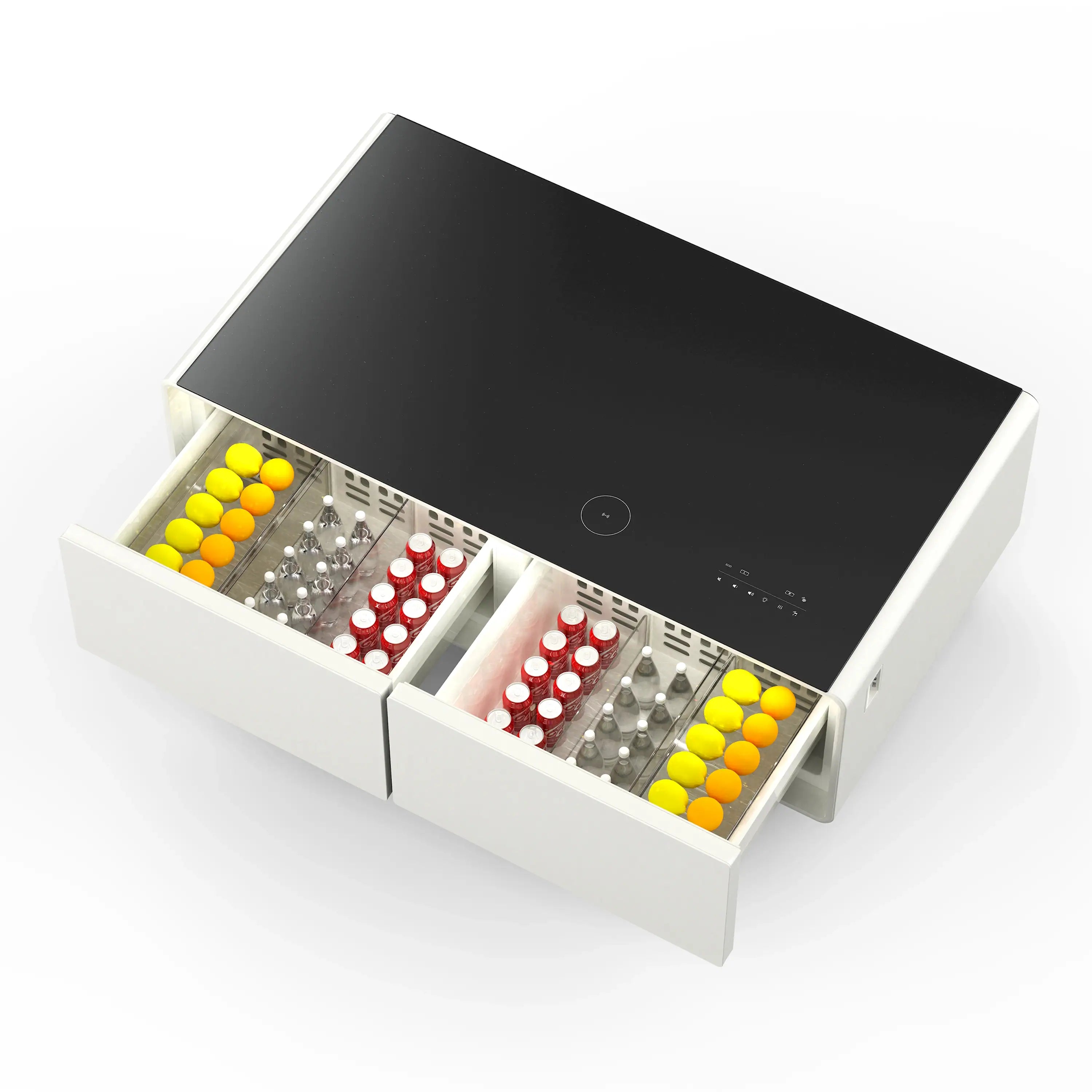 White smart coffee table open drawers with colorful drink containers inside