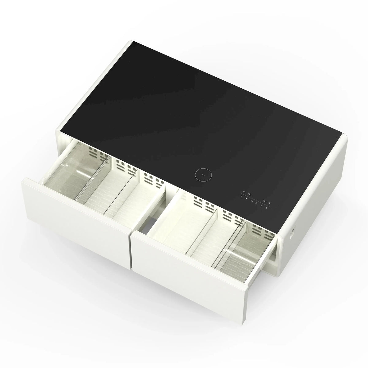 White smart coffee table with two open drawers and black tabletop top panel