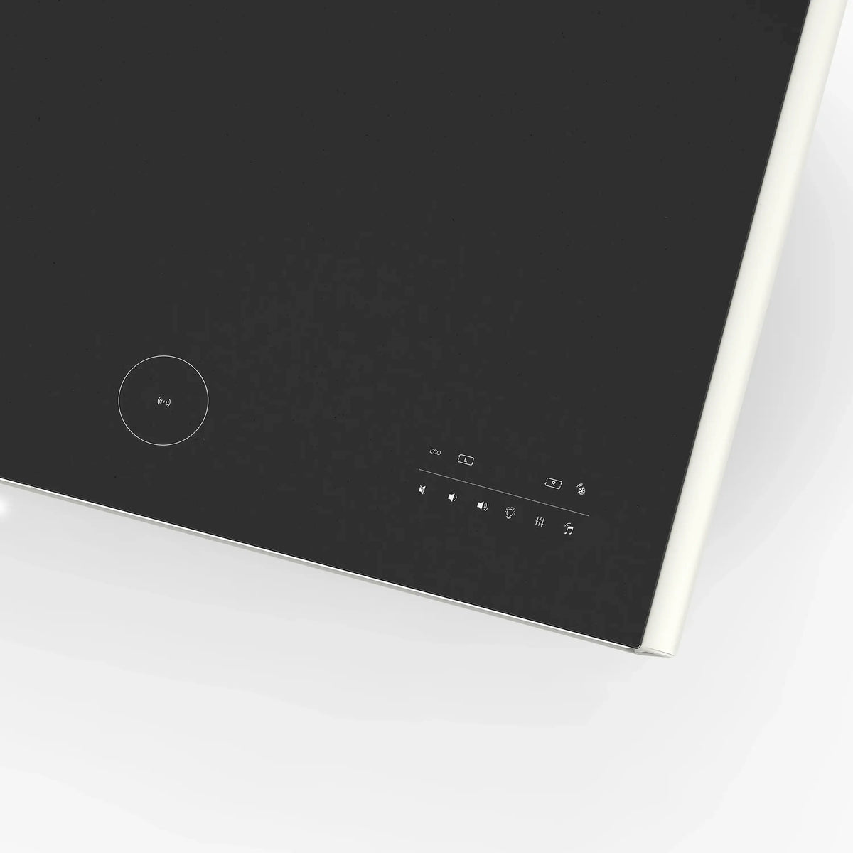 White smart coffee table top with black panel and small touch control icons