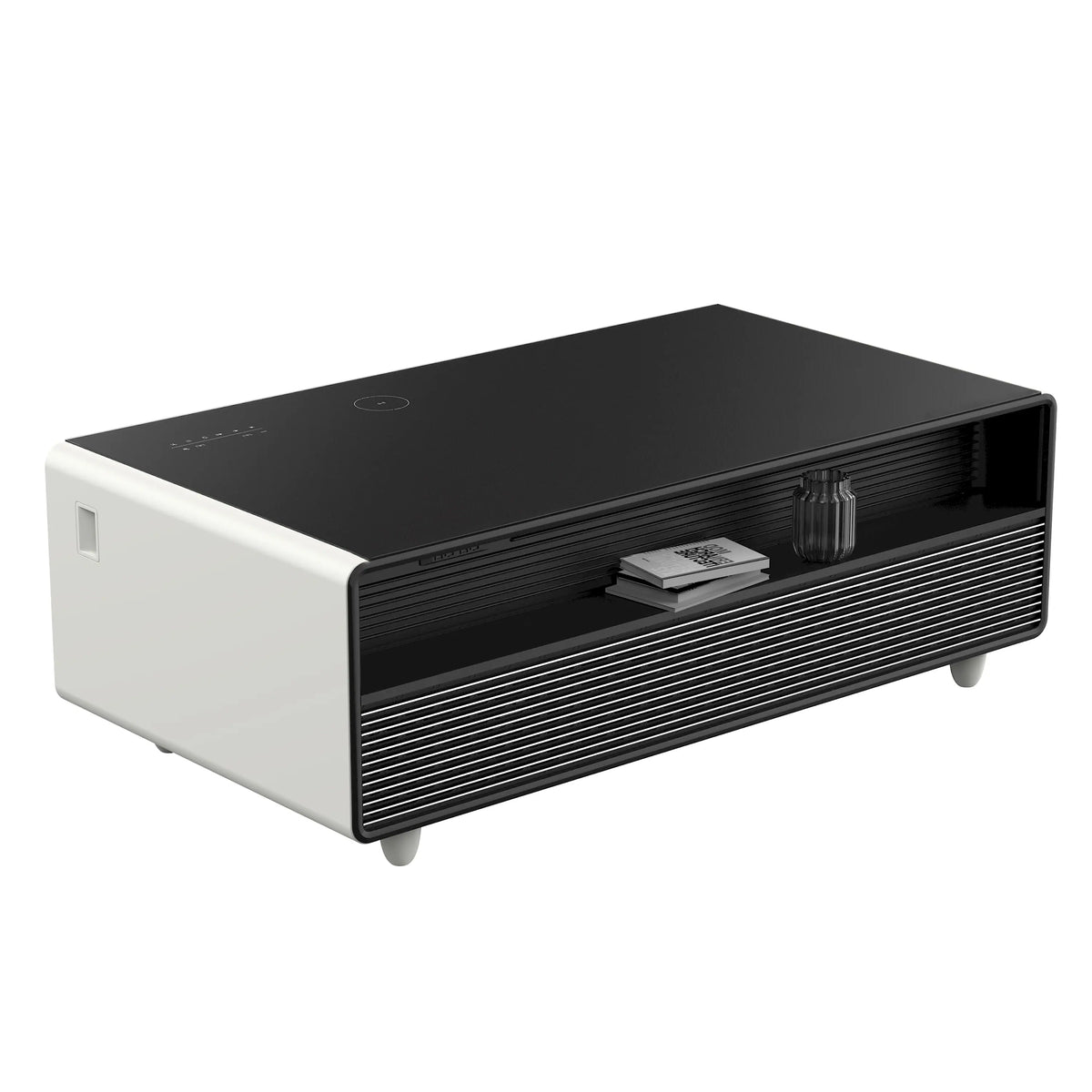 White smart coffee table angled front view with black tabletop and grille vent