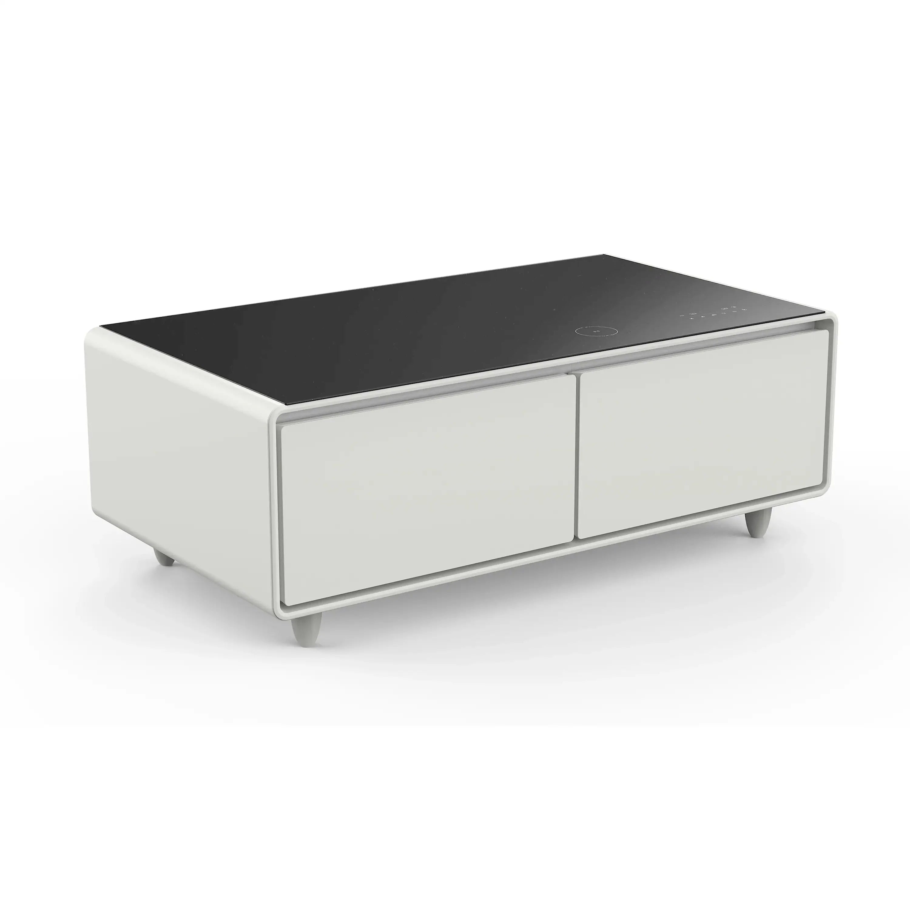 White smart coffee table with two drawers and black top panel on angled feet