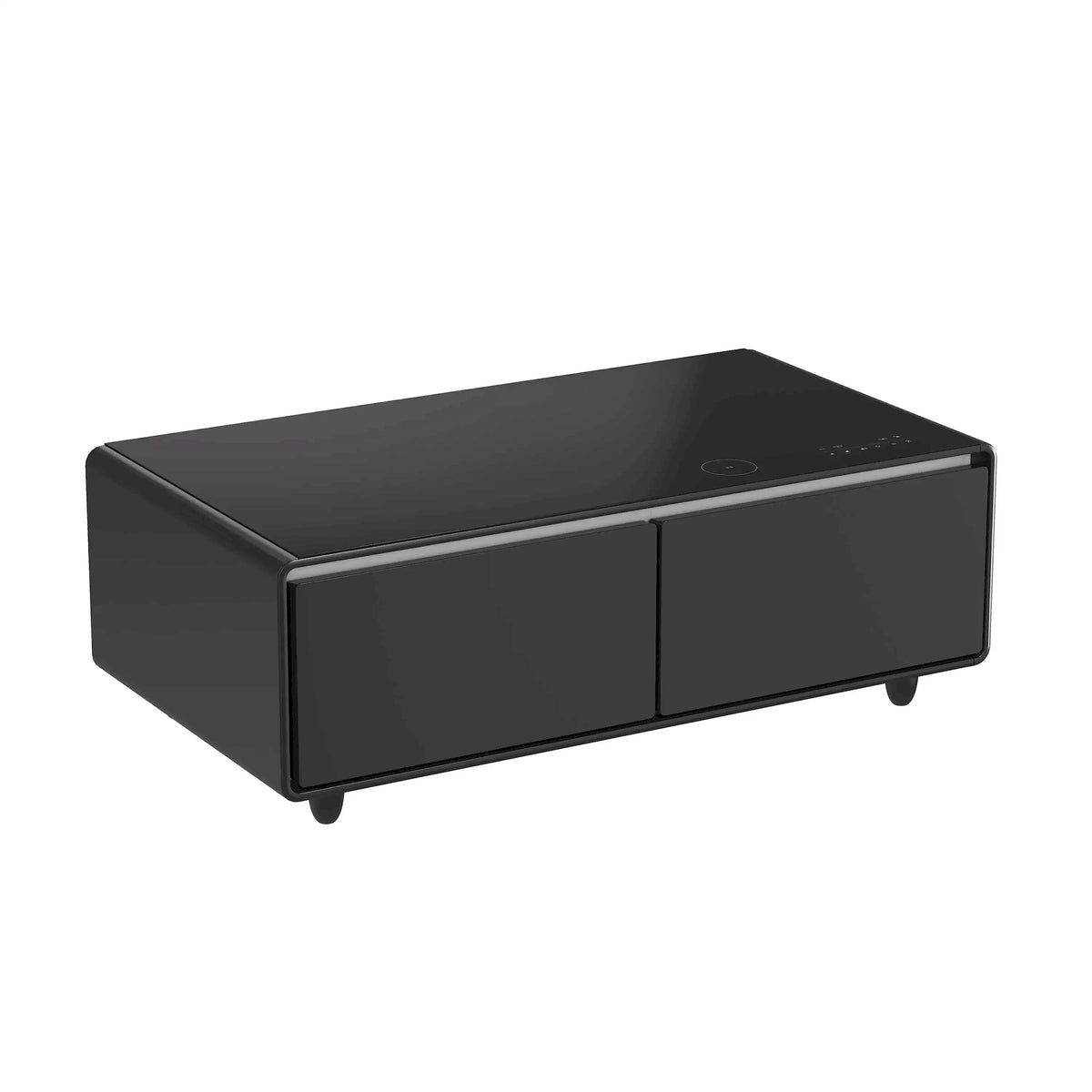 Black smart coffee table with two closed front drawers and top control panel