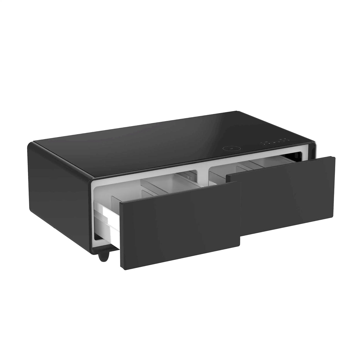 Black smart coffee table with one drawer open, showing inner storage and top controls