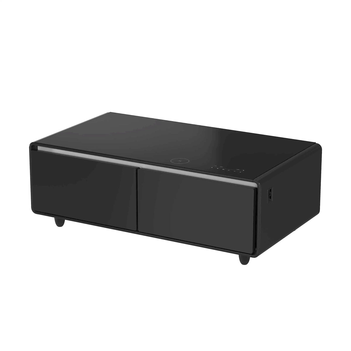 Black smart coffee table with two front drawers and a side panel with port openings