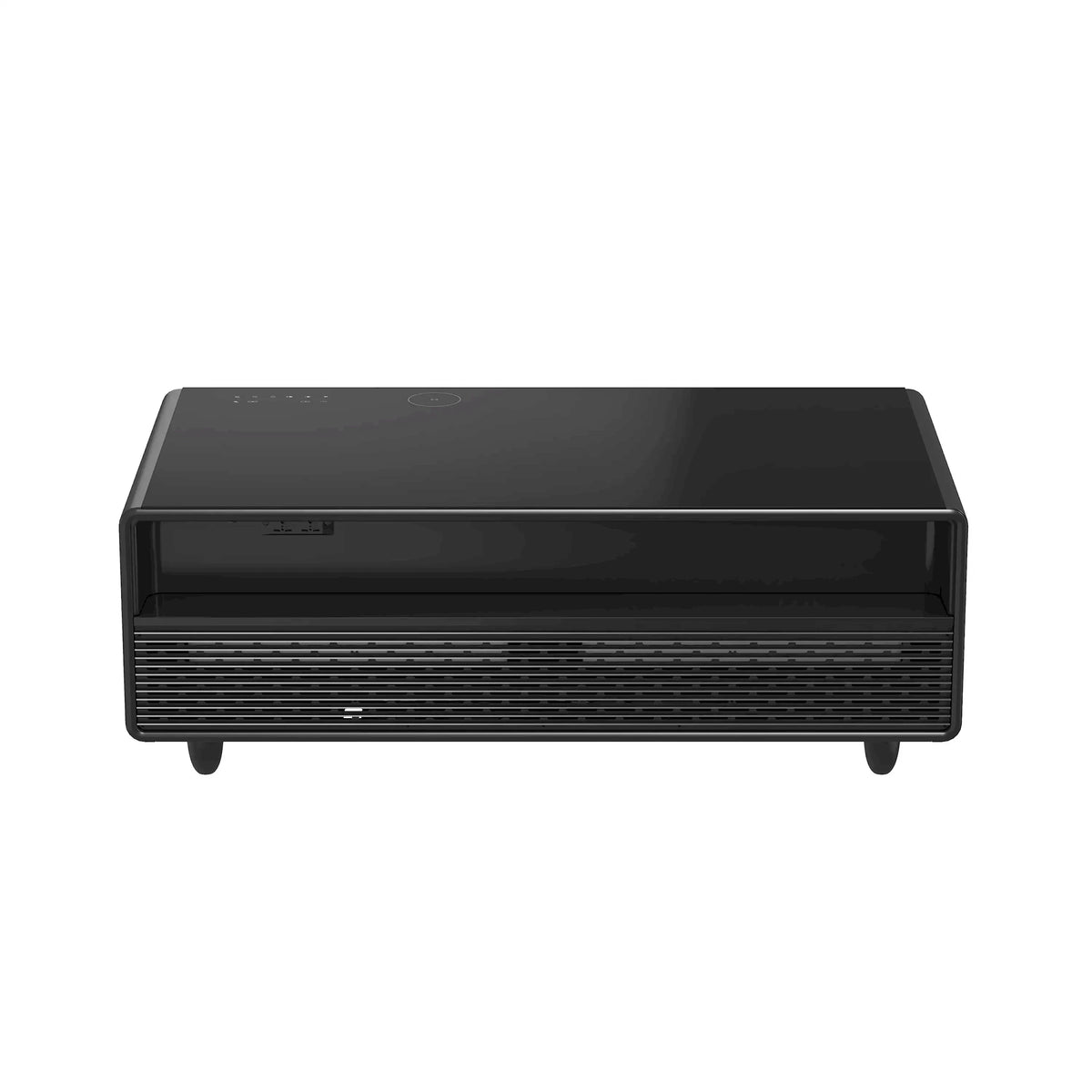 Black smart coffee table with slatted front vent grille and two front drawers
