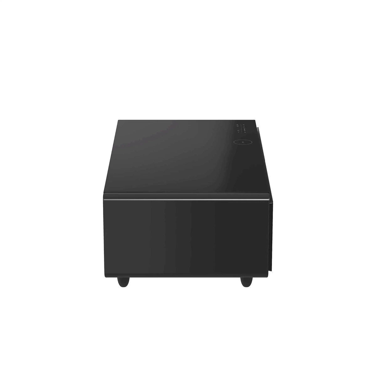 Black smart coffee table corner view with side panel and top control area