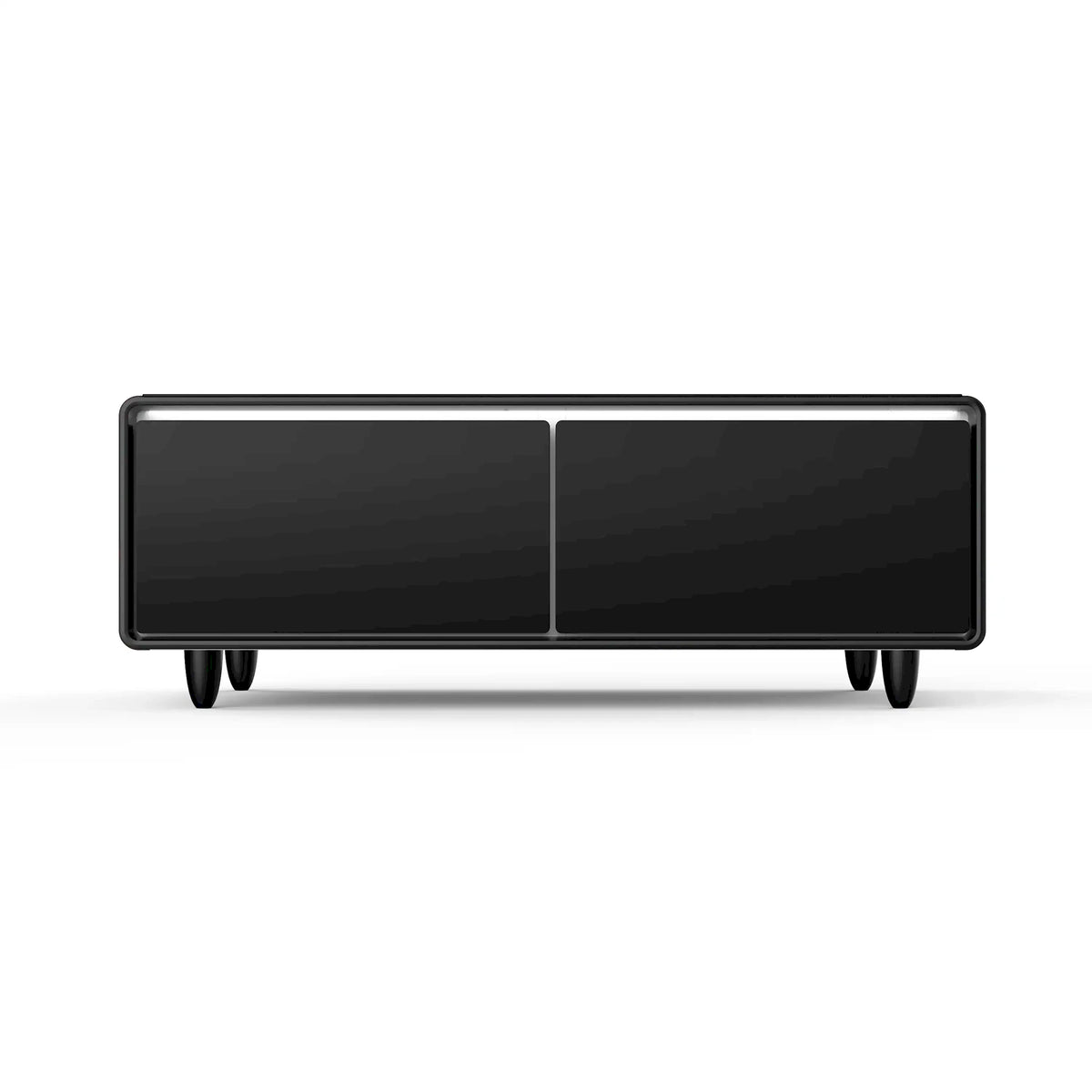 Black smart coffee table front view with two closed drawers and small side ports