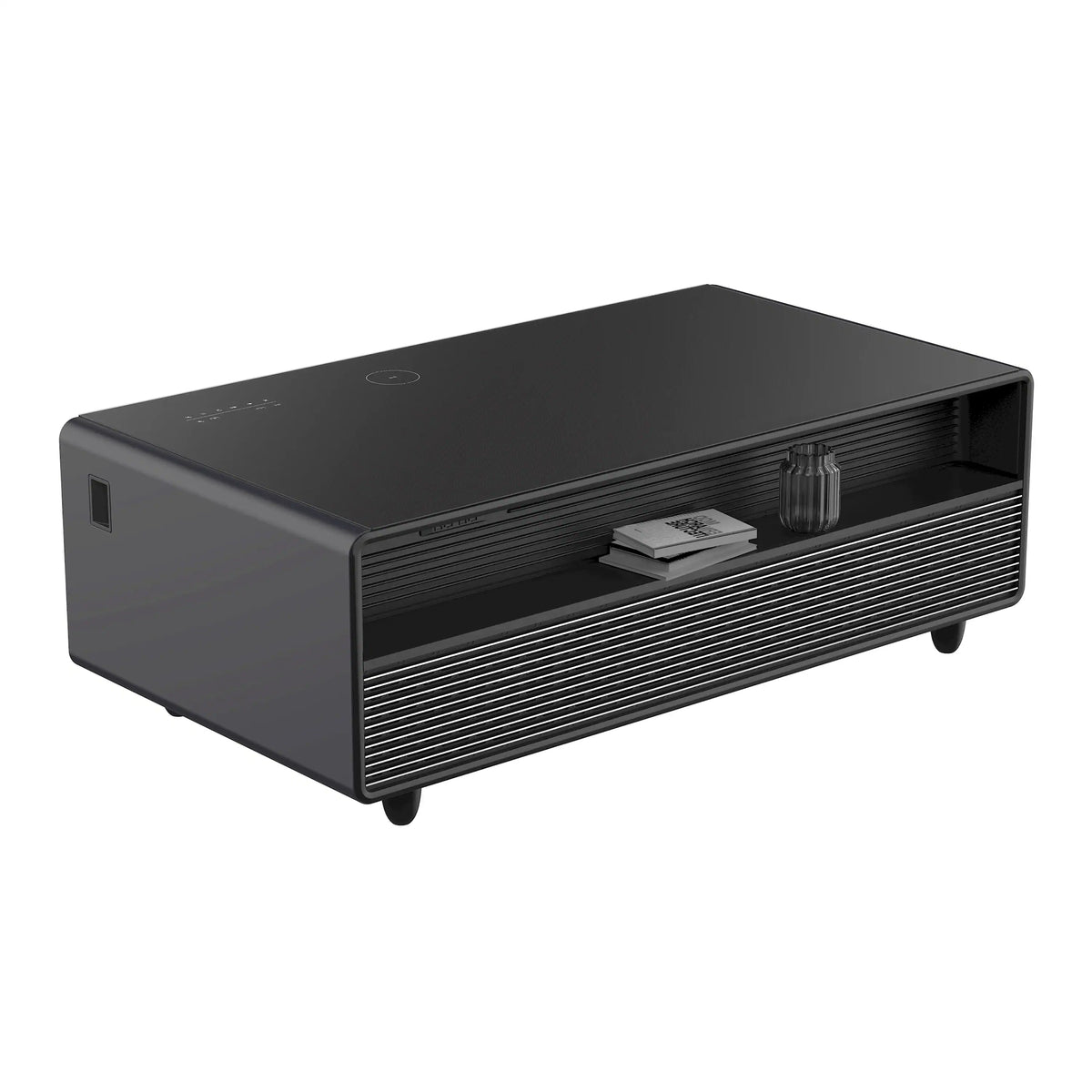 Black smart coffee table with open top access panel and front slatted vent grille