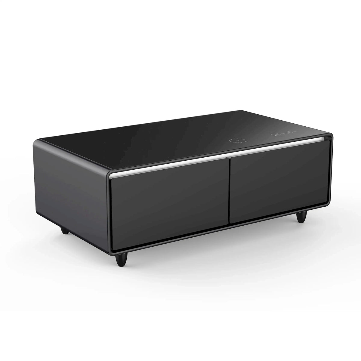 Black smart coffee table refrigerator with closed dual drawers and glossy tabletop top