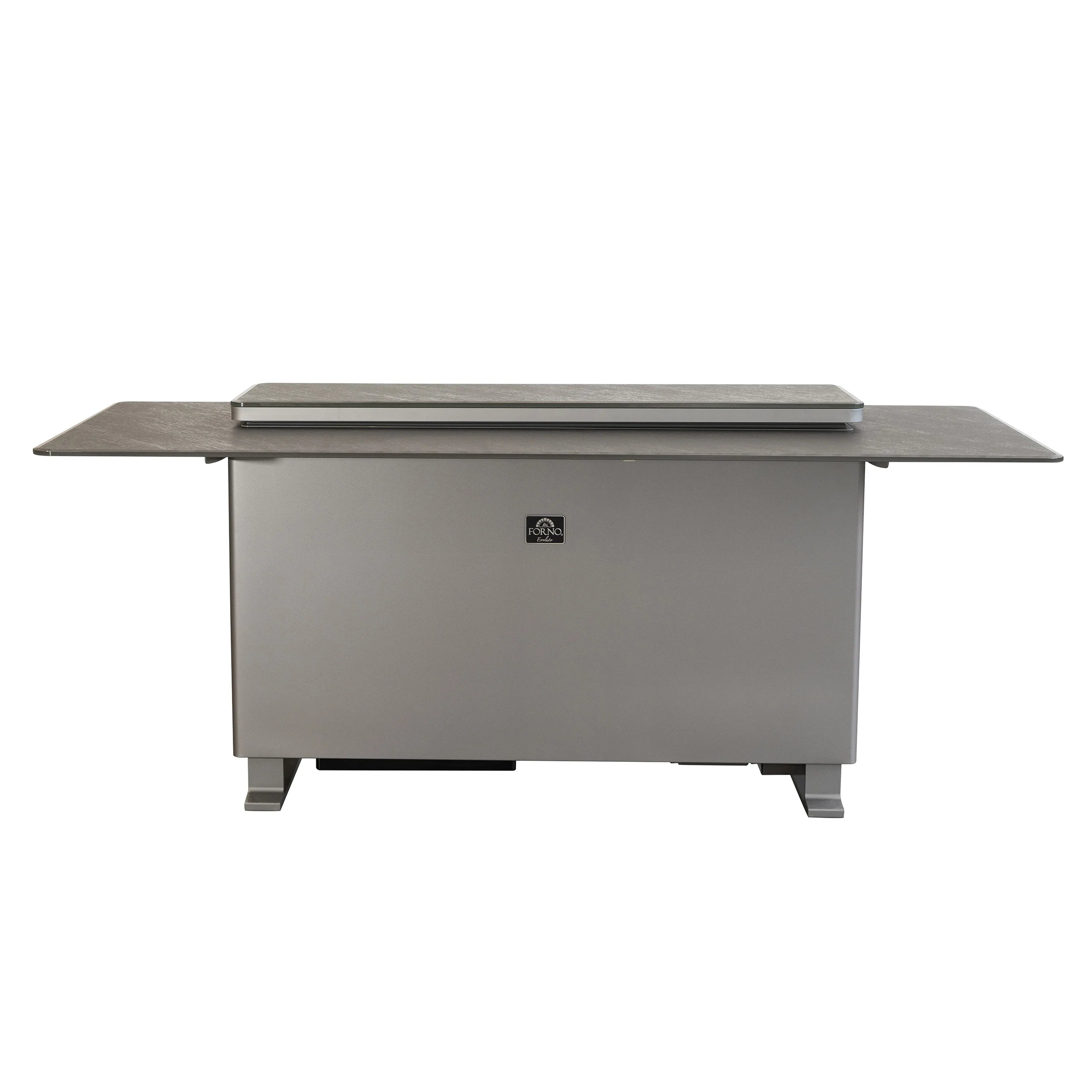 Outdoor smart bar cooler table in dark sandstone black, front view with lift-top lid