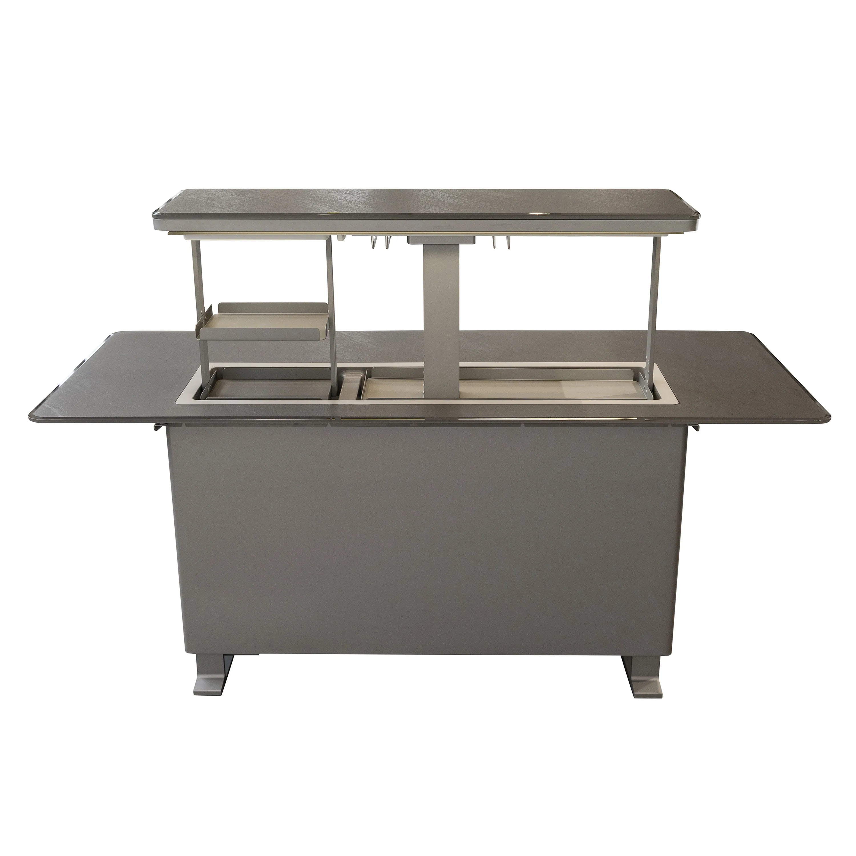 Outdoor smart bar cooler table in dark sandstone black, open top with serving access