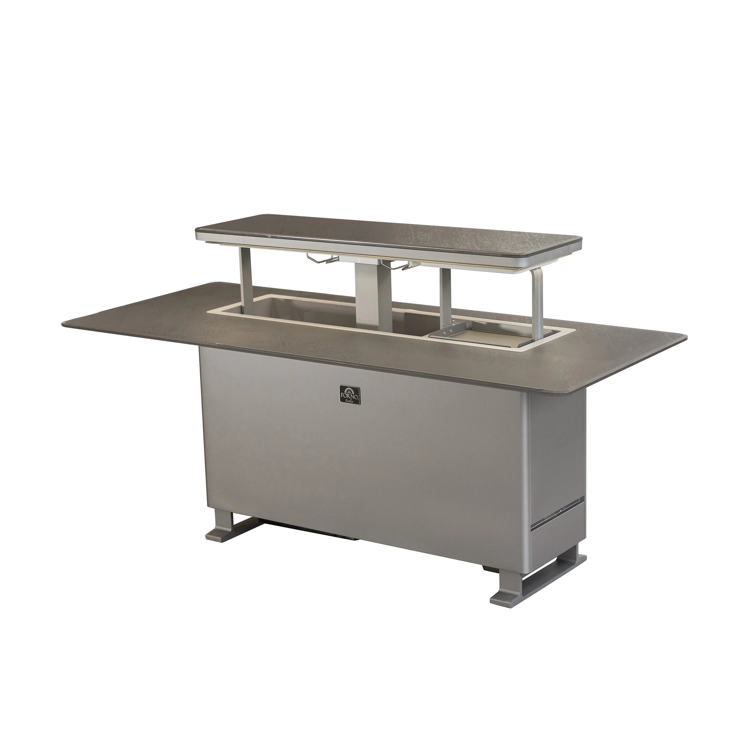 Outdoor smart bar cooler table in dark sandstone black, open lift-top showing interior wells