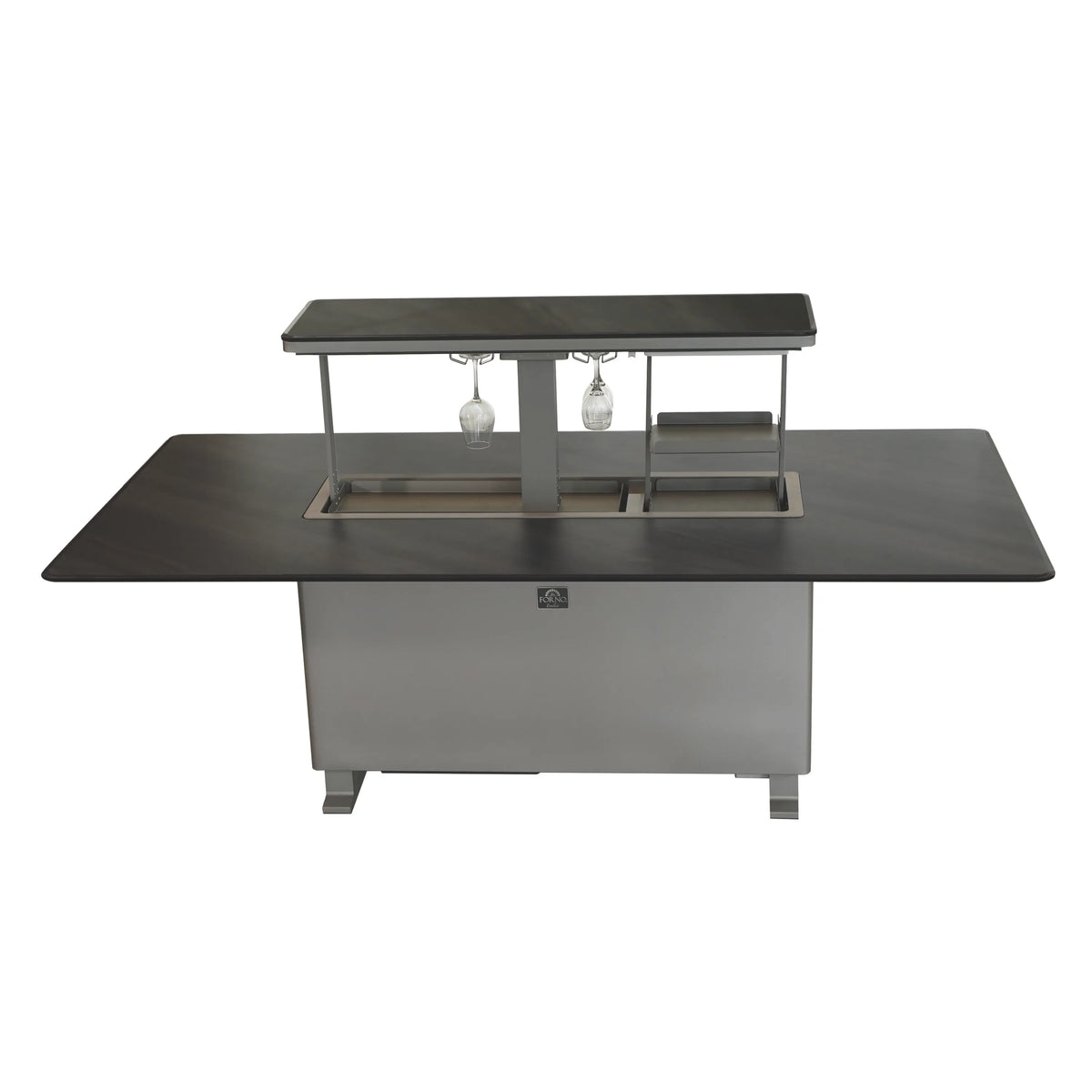 Midnight marble smart bar table with built-in fridge/freezer and motorized lift, closed.