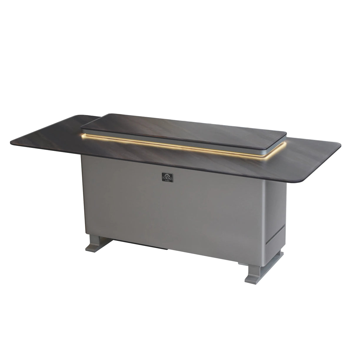 Smart bar table with built-in fridge/freezer showing open lift platform and bar rail.
