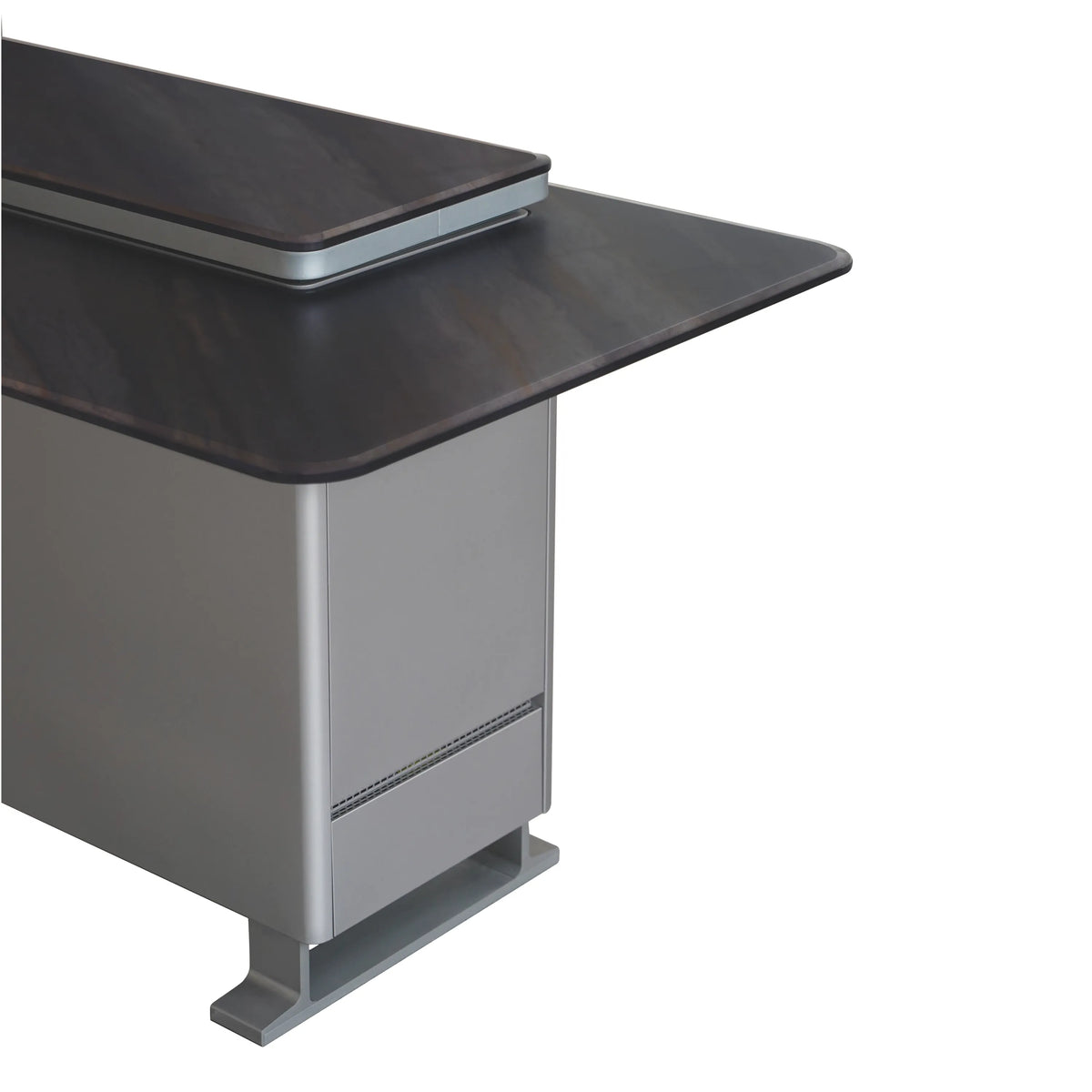 Smart bar table corner detail with dark tabletop, stainless gray body, and trim panel.