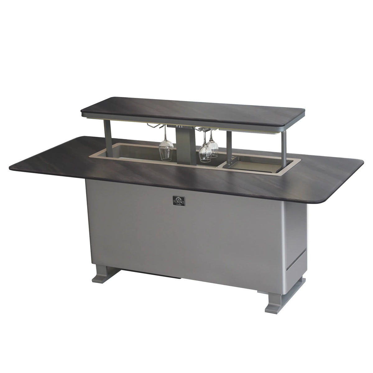 Midnight marble smart bar table with open lift, stemware holders, and built-in fridge/freezer.