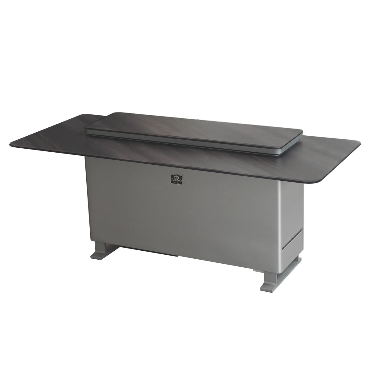 Midnight marble smart bar table with built-in fridge/freezer, side view with lift platform.