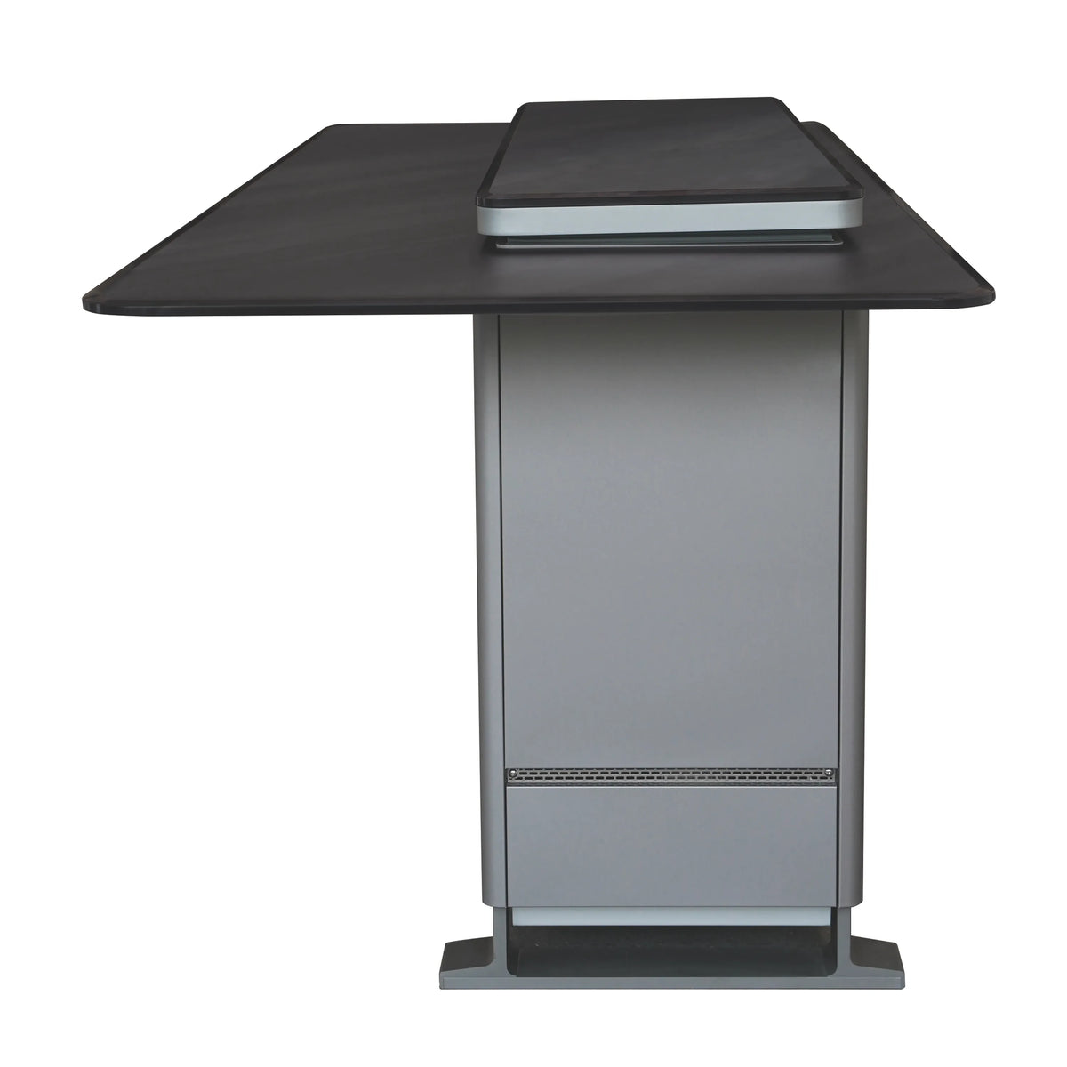 Stainless gray smart bar table with dark tabletop and front vented panel, lift closed.
