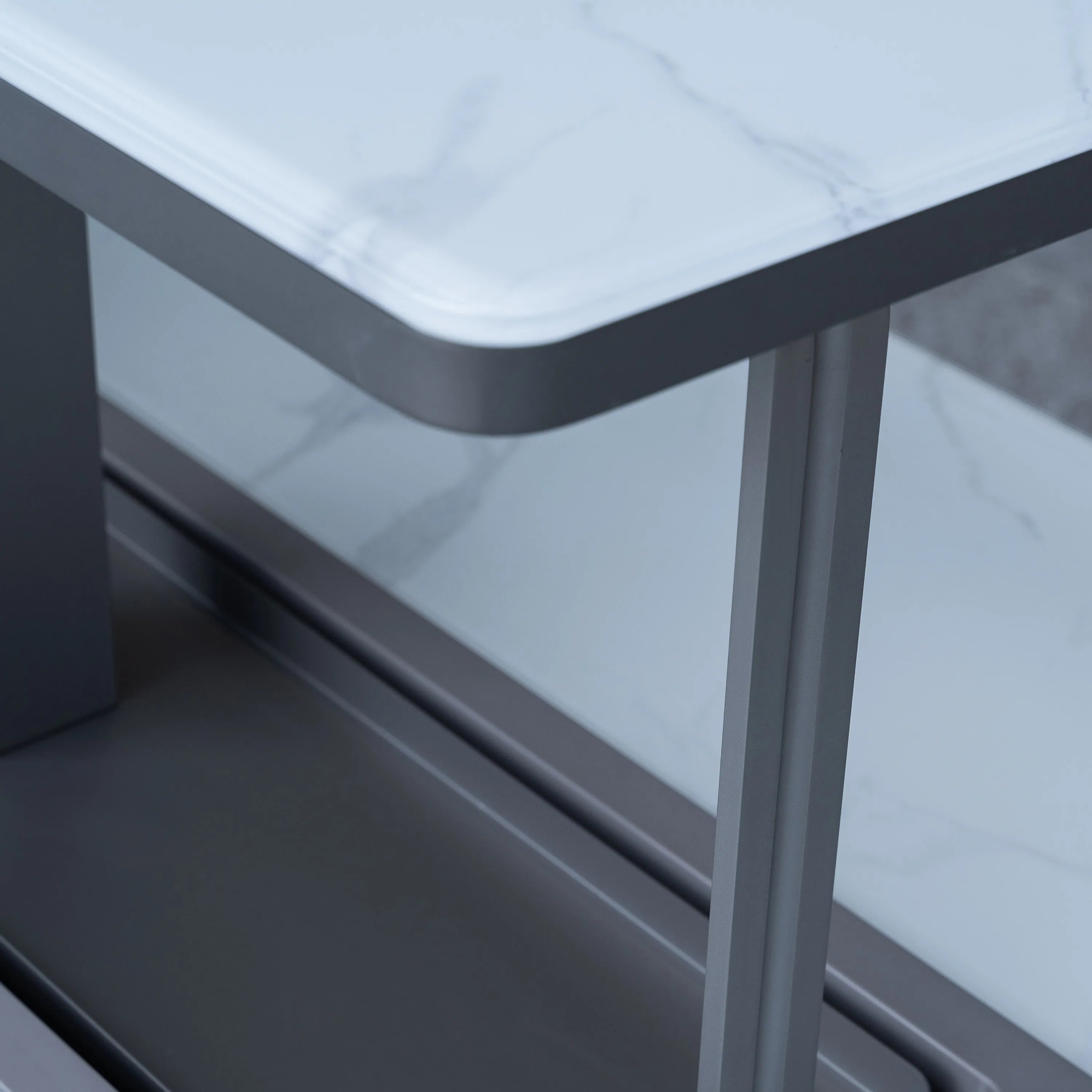 White smart bar table refrigerator base frame and lower shelf under countertop
