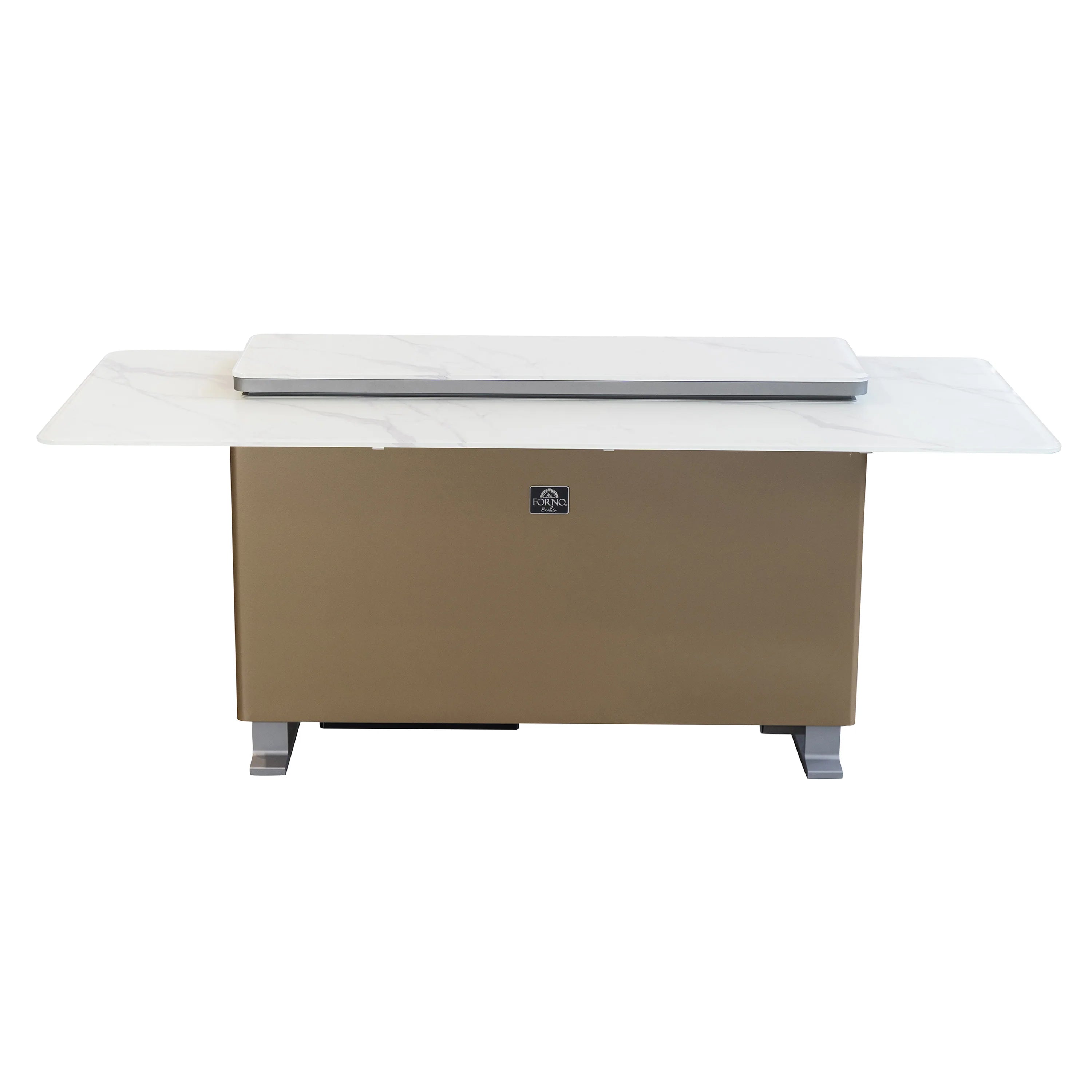 Smart bar table refrigerator with white countertop and bronze cabinet front