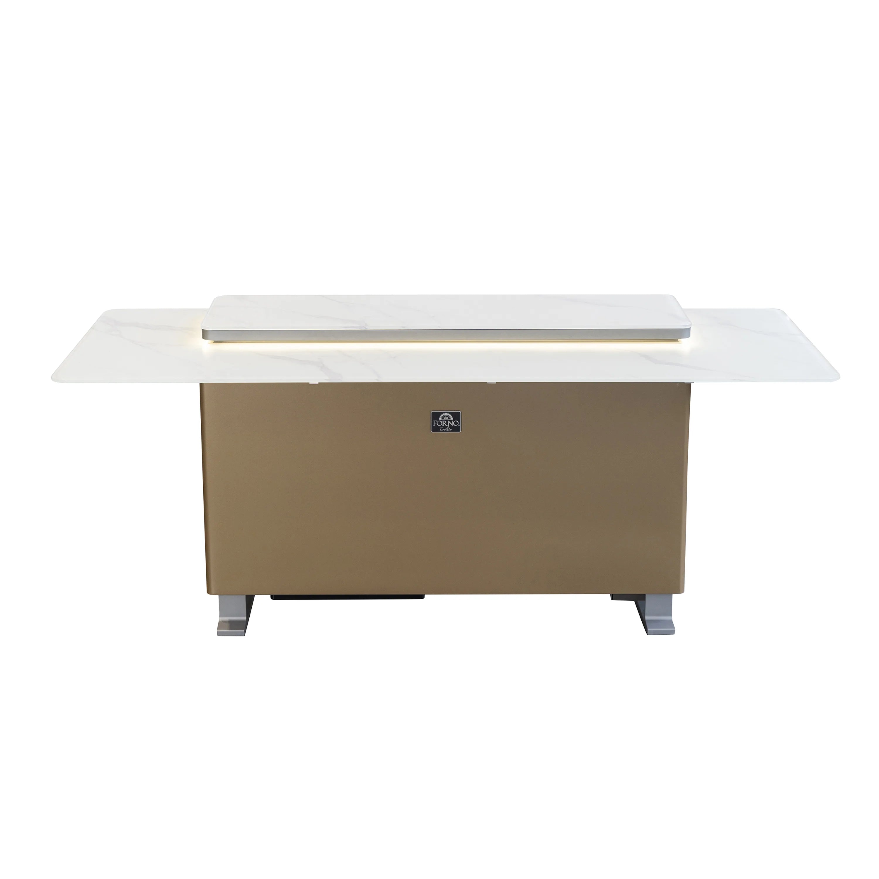 Smart bar table refrigerator with white countertop and brown cabinet
