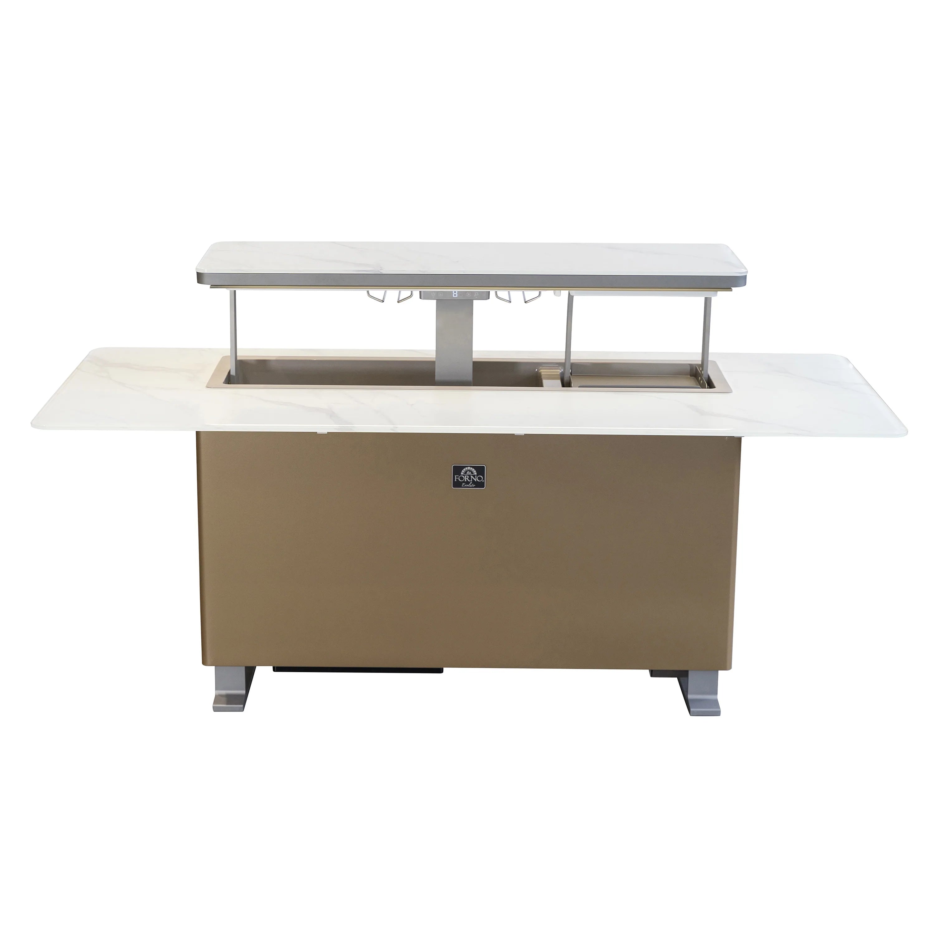 Smart bar table refrigerator with white countertop and open access drawer