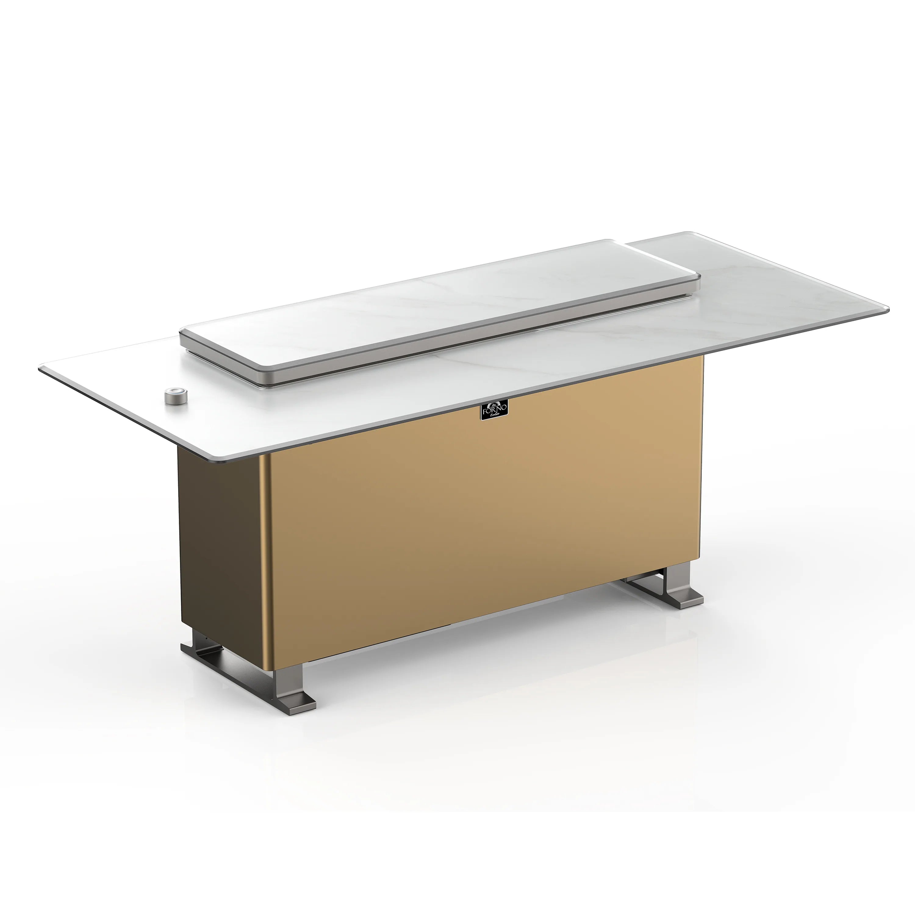 Smart bar table refrigerator with white countertop, central handle, and bronze cabinet