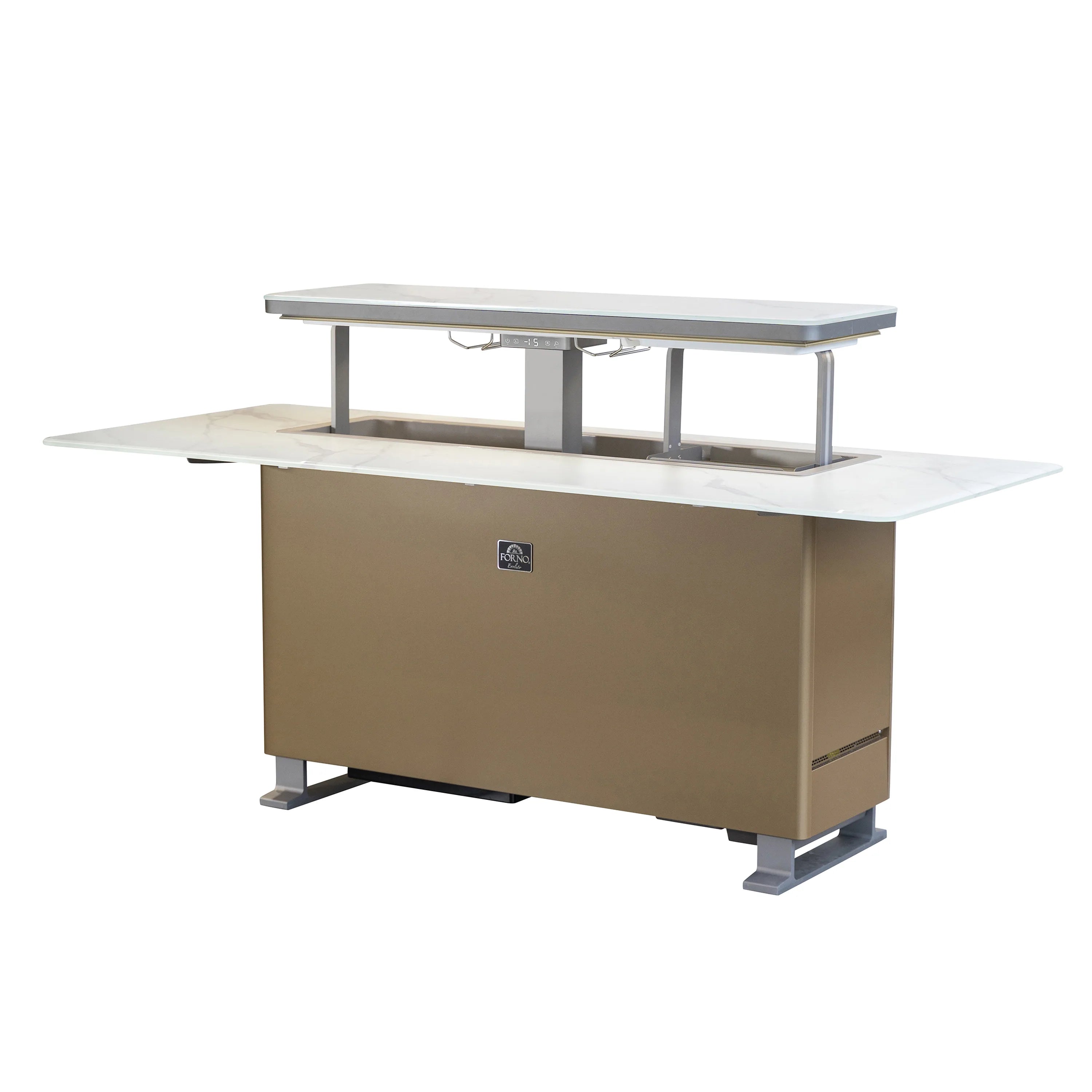 Smart bar table refrigerator with white countertop, open shelf, and brown cabinet