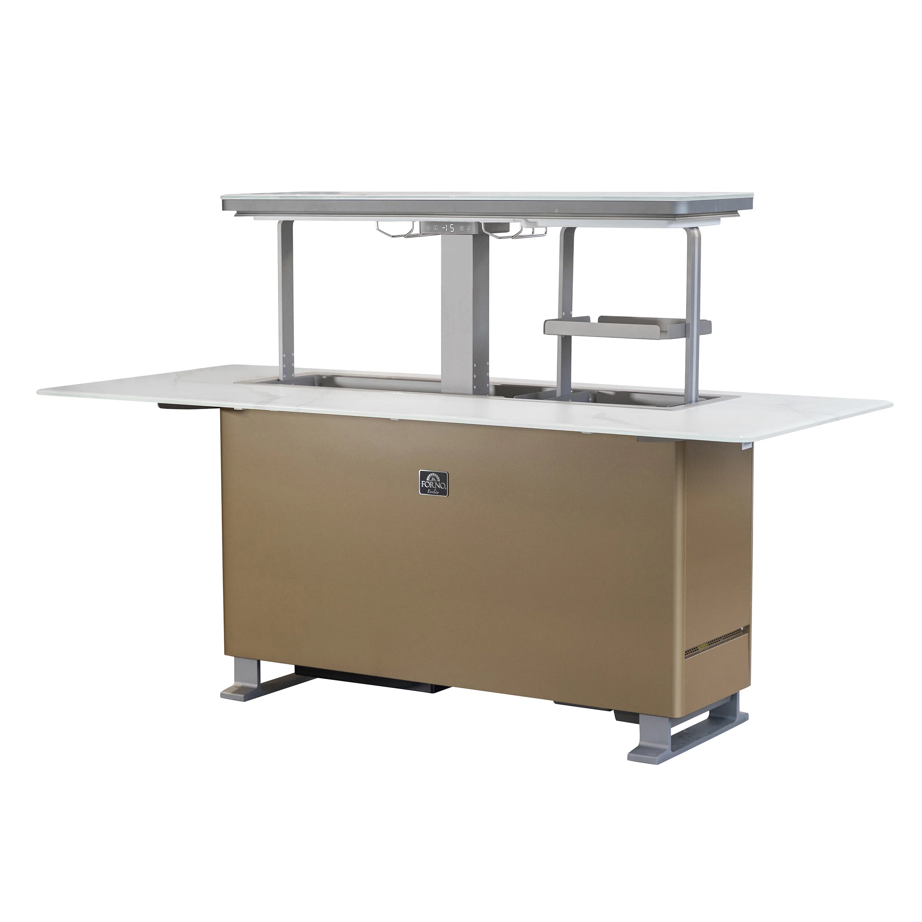Smart bar table refrigerator with white countertop and open side shelf
