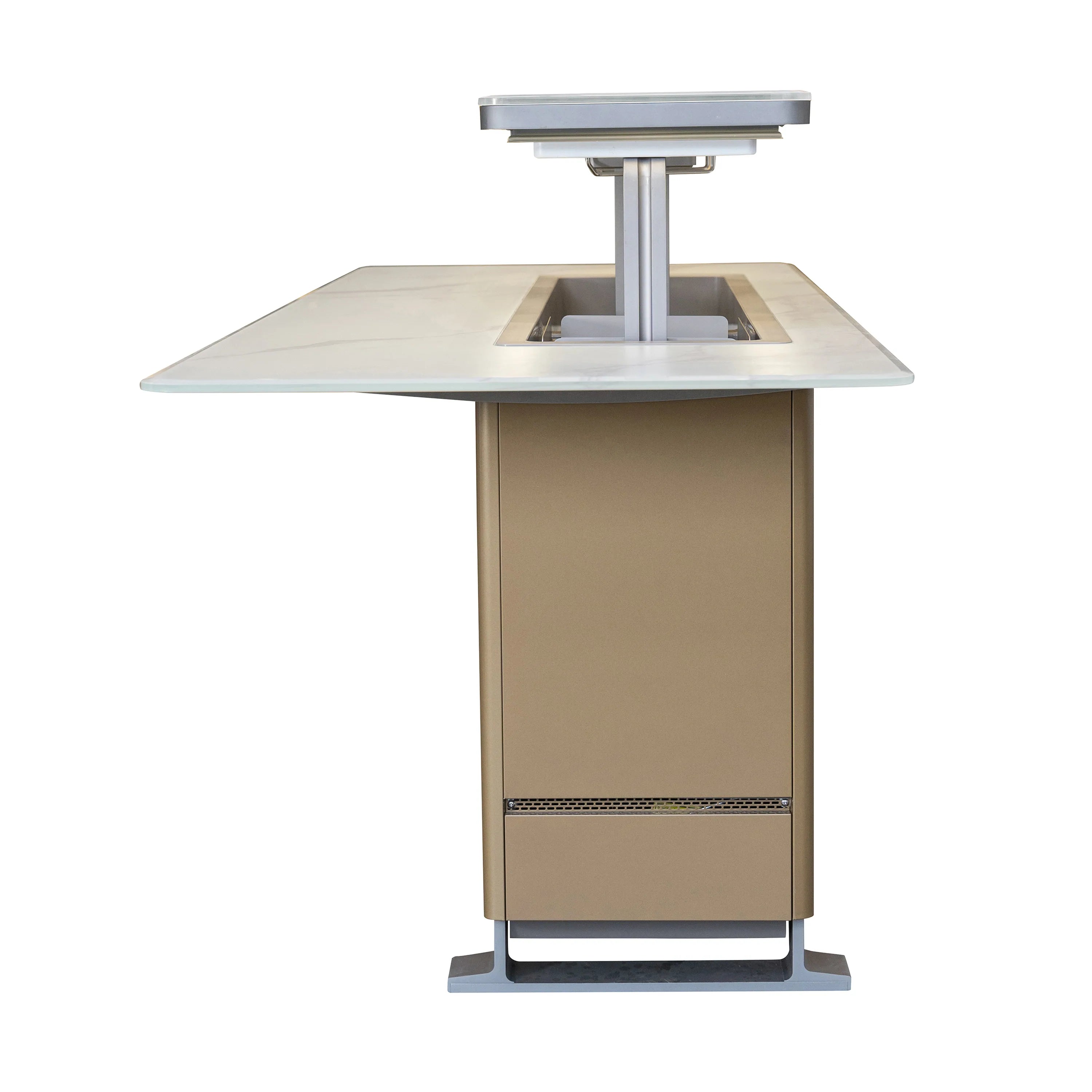 Smart bar table refrigerator with raised white cover and bronze door front
