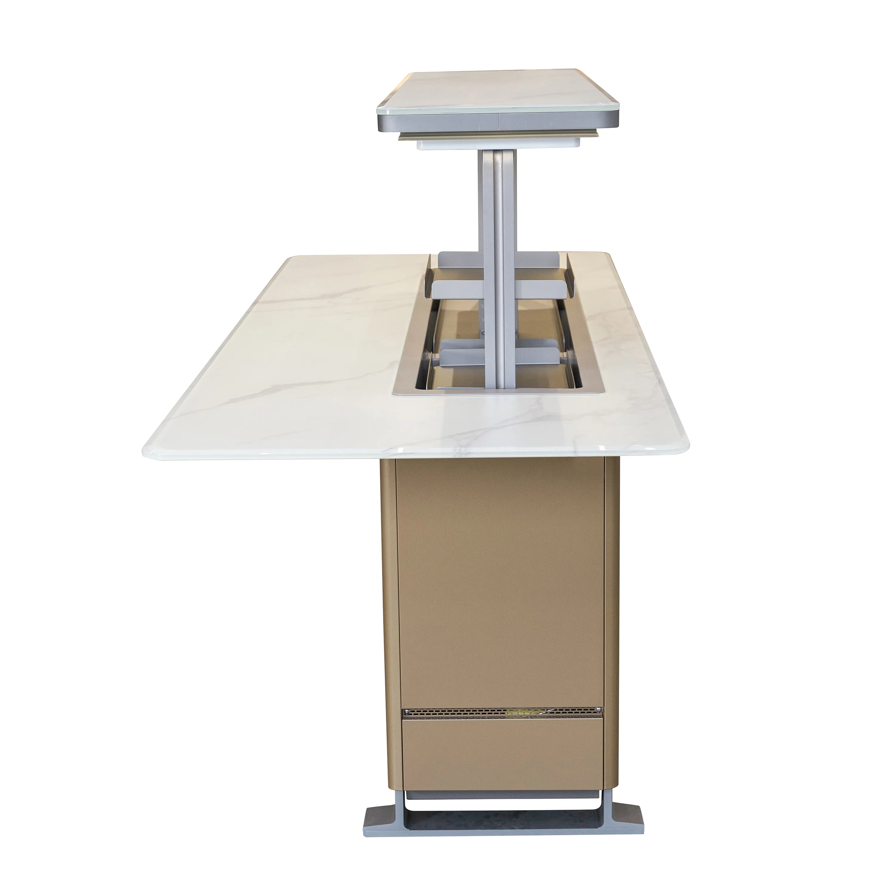 Smart bar table refrigerator with open white lids and inner compartment