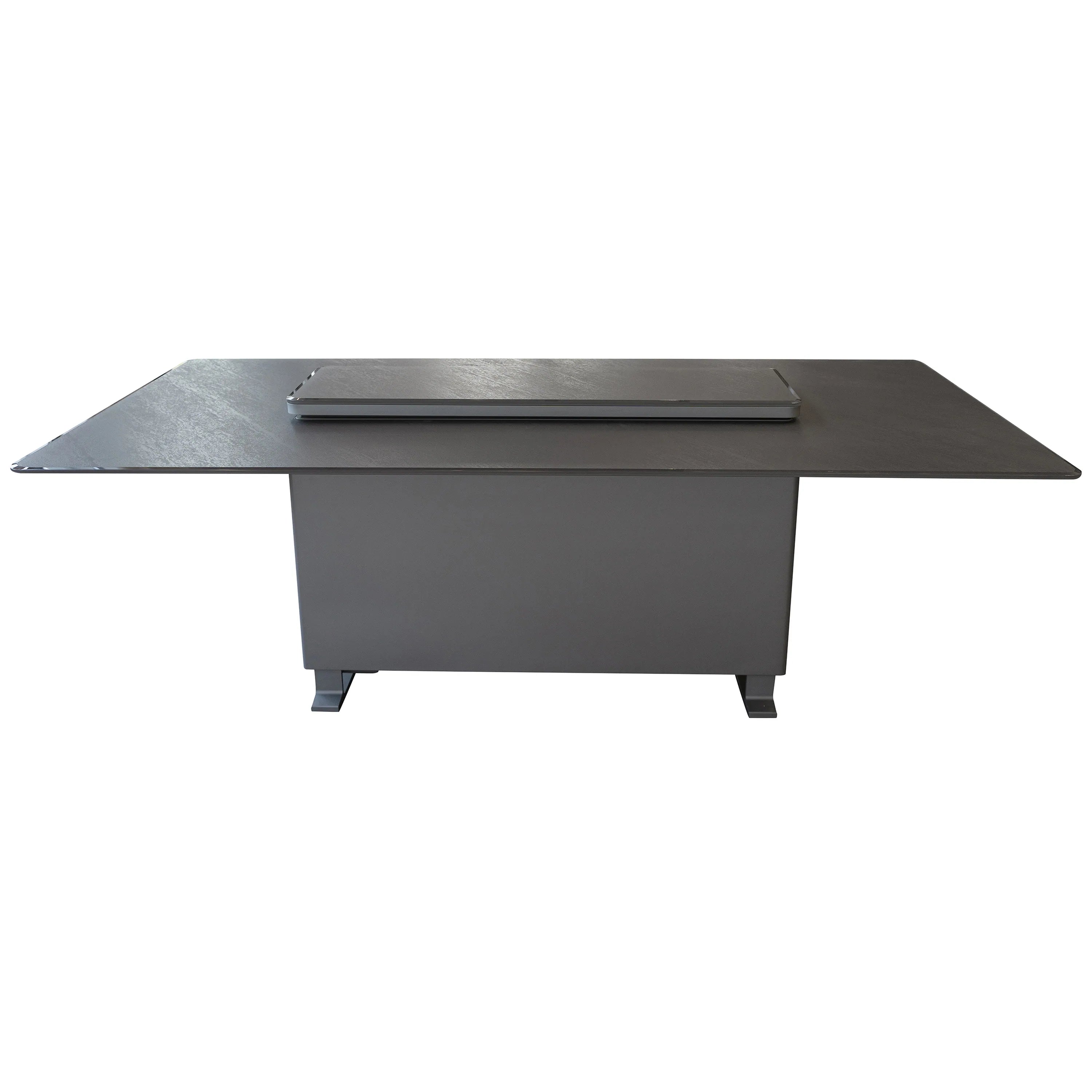Smart dining table with lift-top center and dark stone-look tabletop, pedestal base