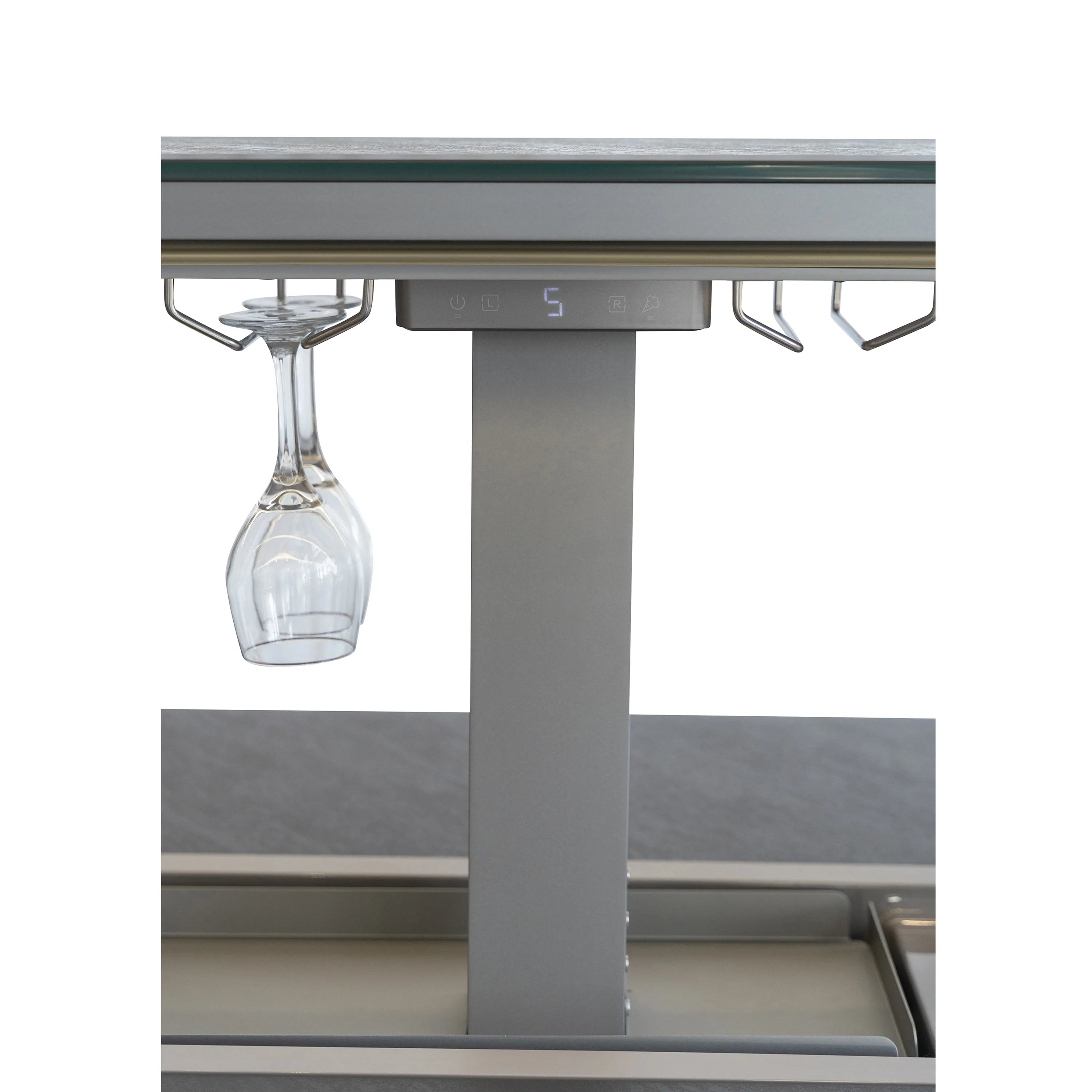 Close-up of underside controls and hanging bottle under open warming lid