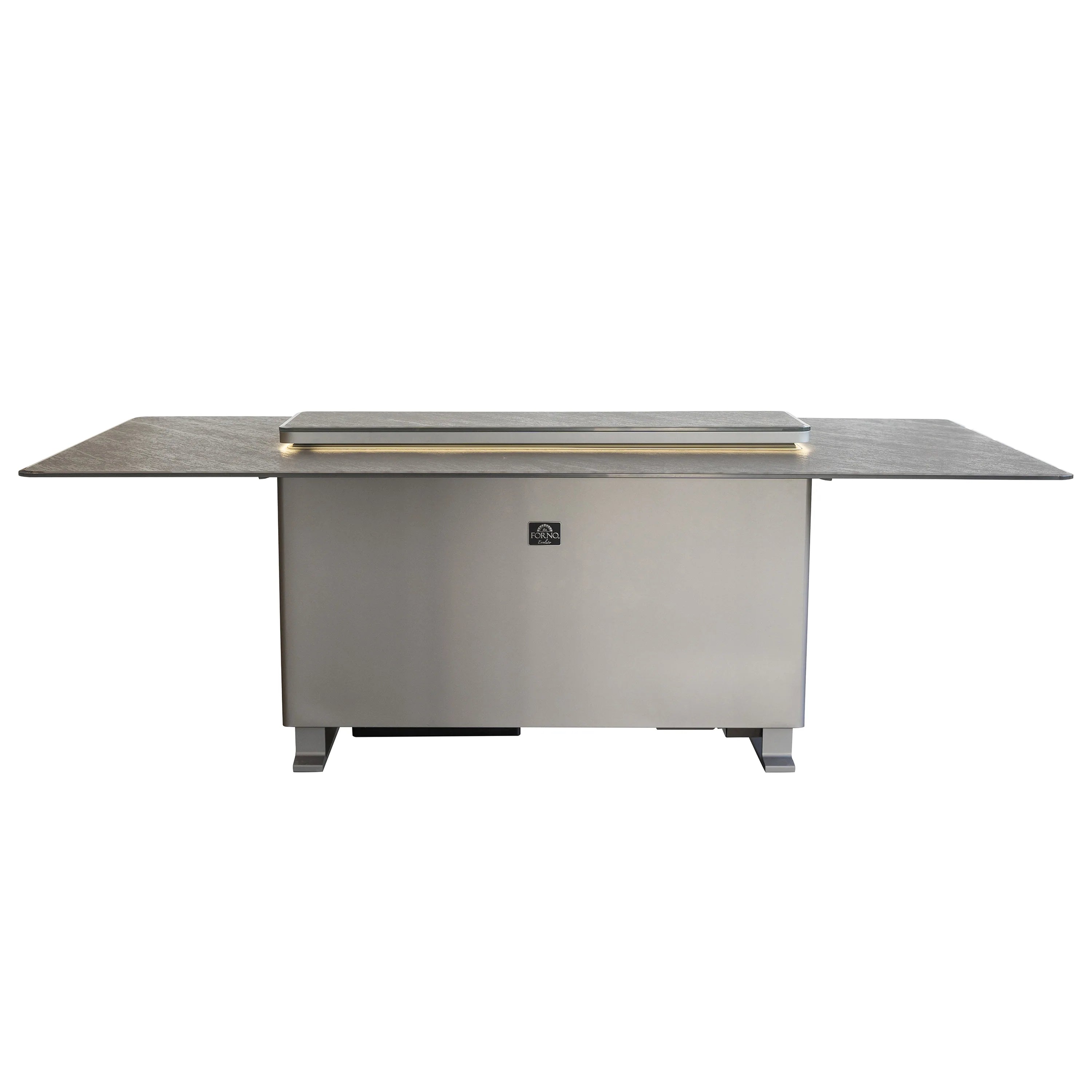 Outdoor dining table with dark stone tabletop, glass warming lid, and cabinet base