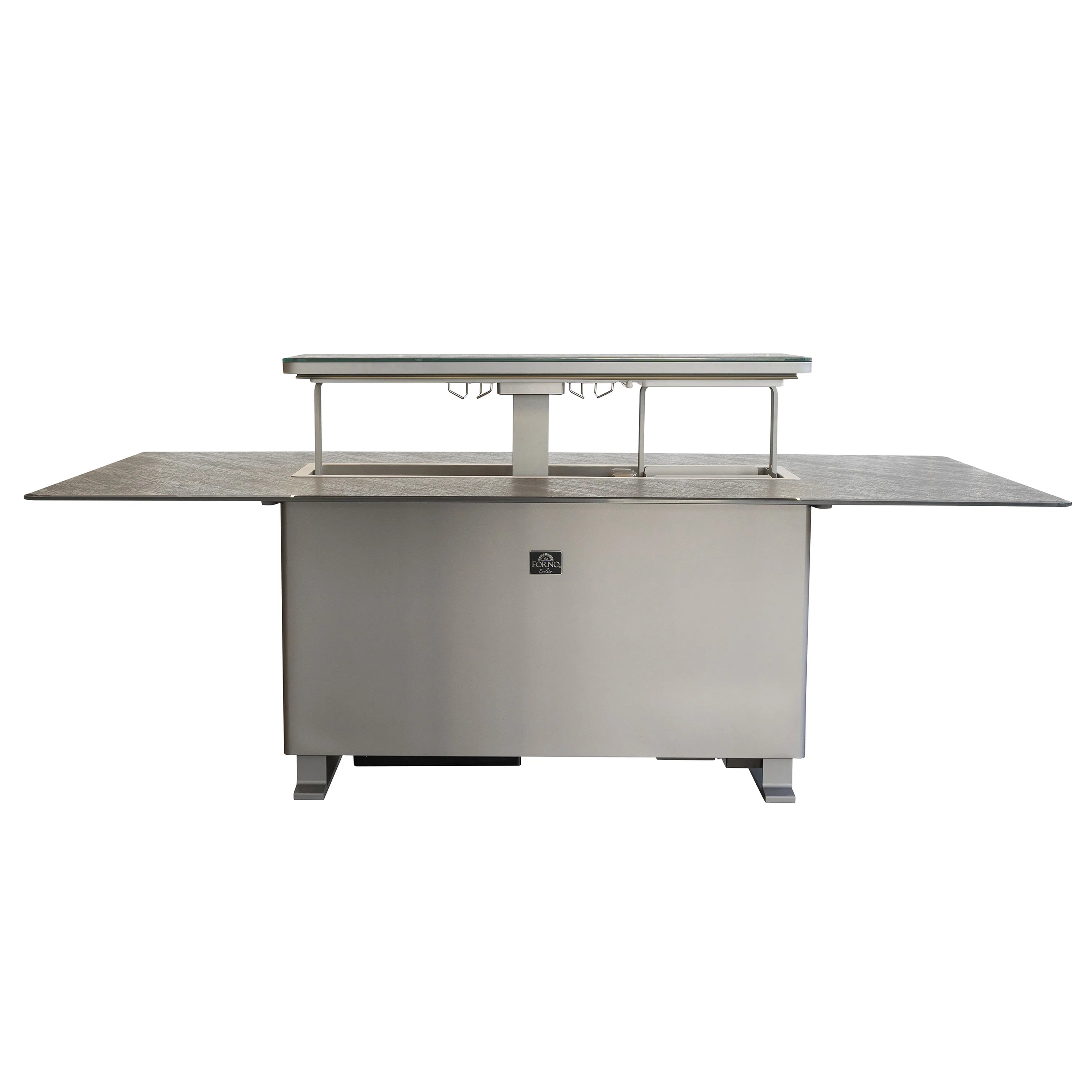 Smart dining table with raised deck and built-in center storage