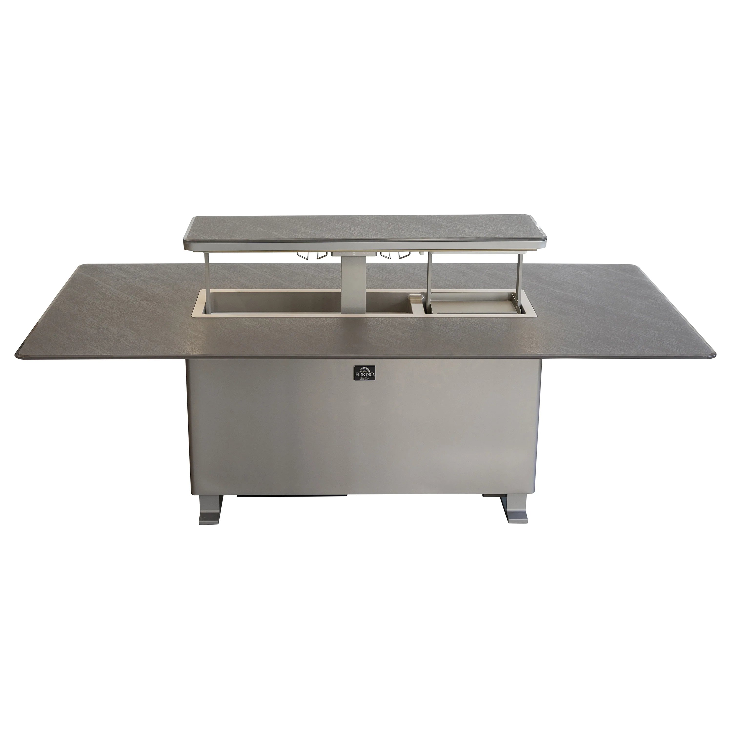 Smart dining table with open center compartment and gray sandstone top