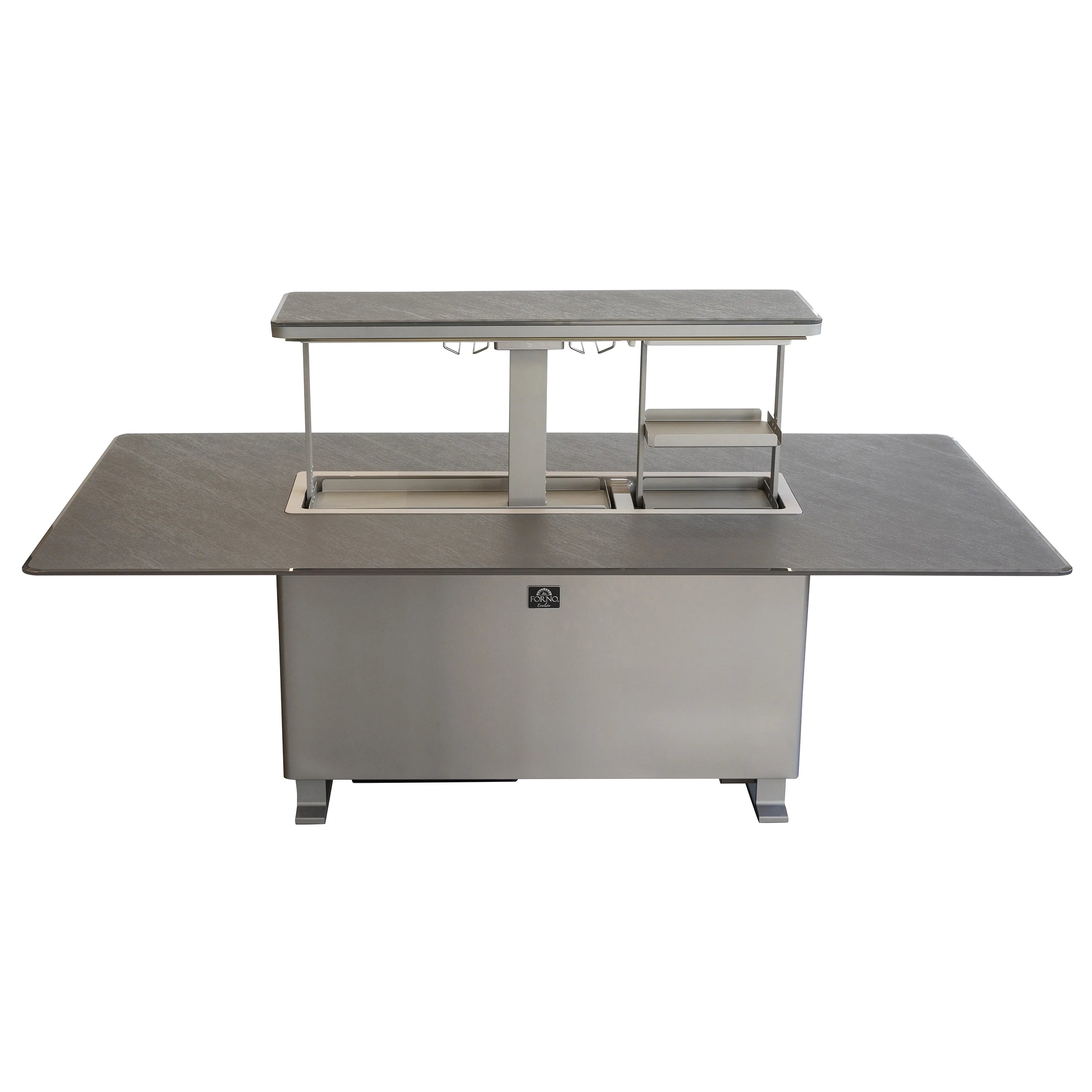 Smart dining table with open serving area and gray sandstone tabletop