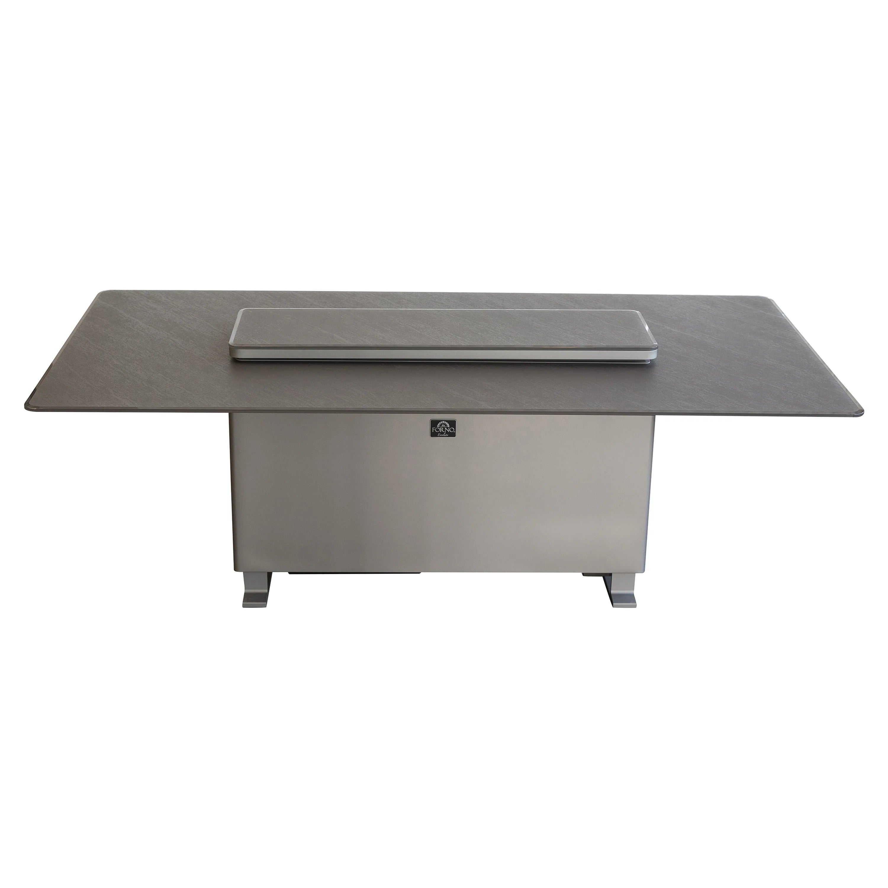 Smart dining table with gray sandstone tabletop and compact storage base