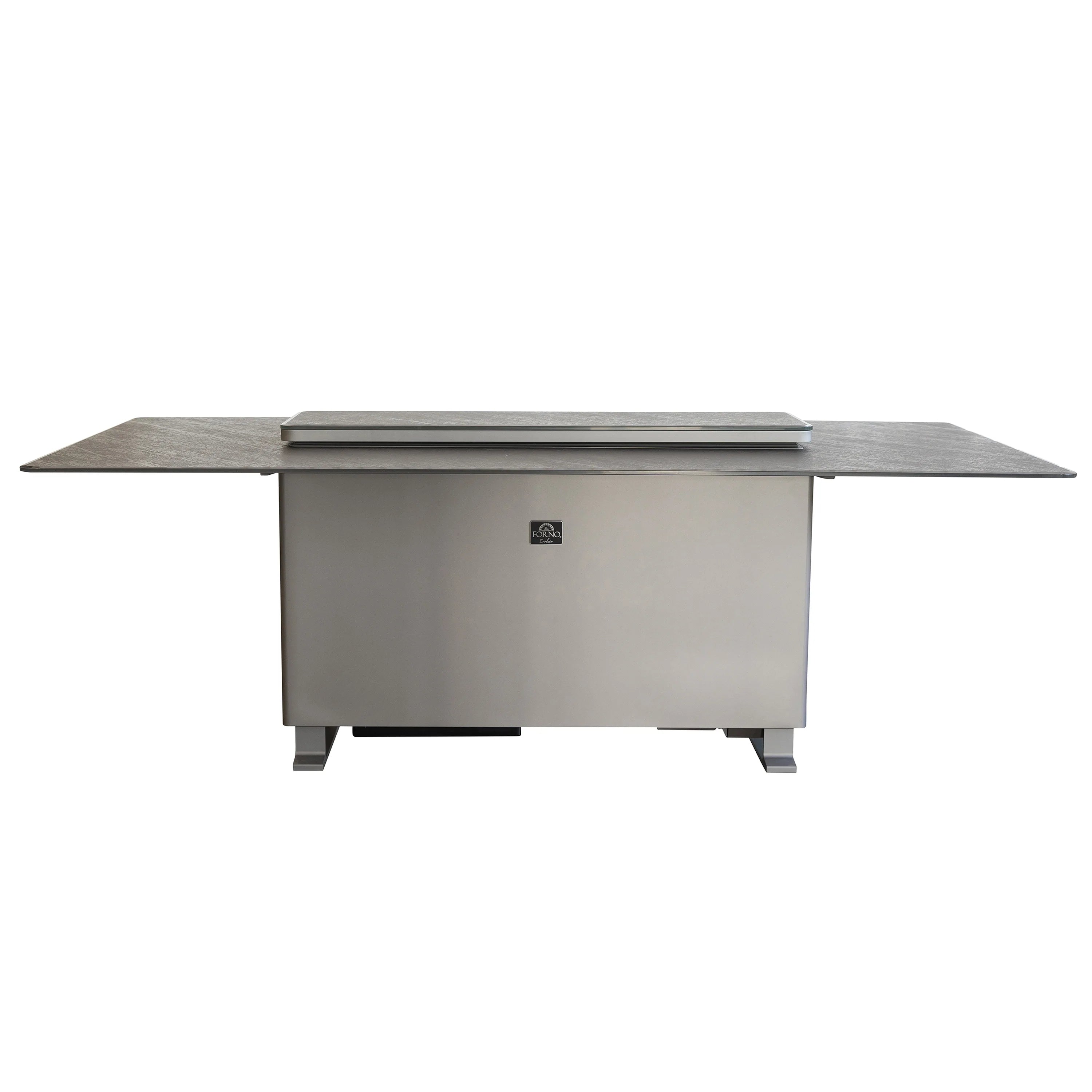 Outdoor dining table with dark stone top panels, glass lid, and stainless legs