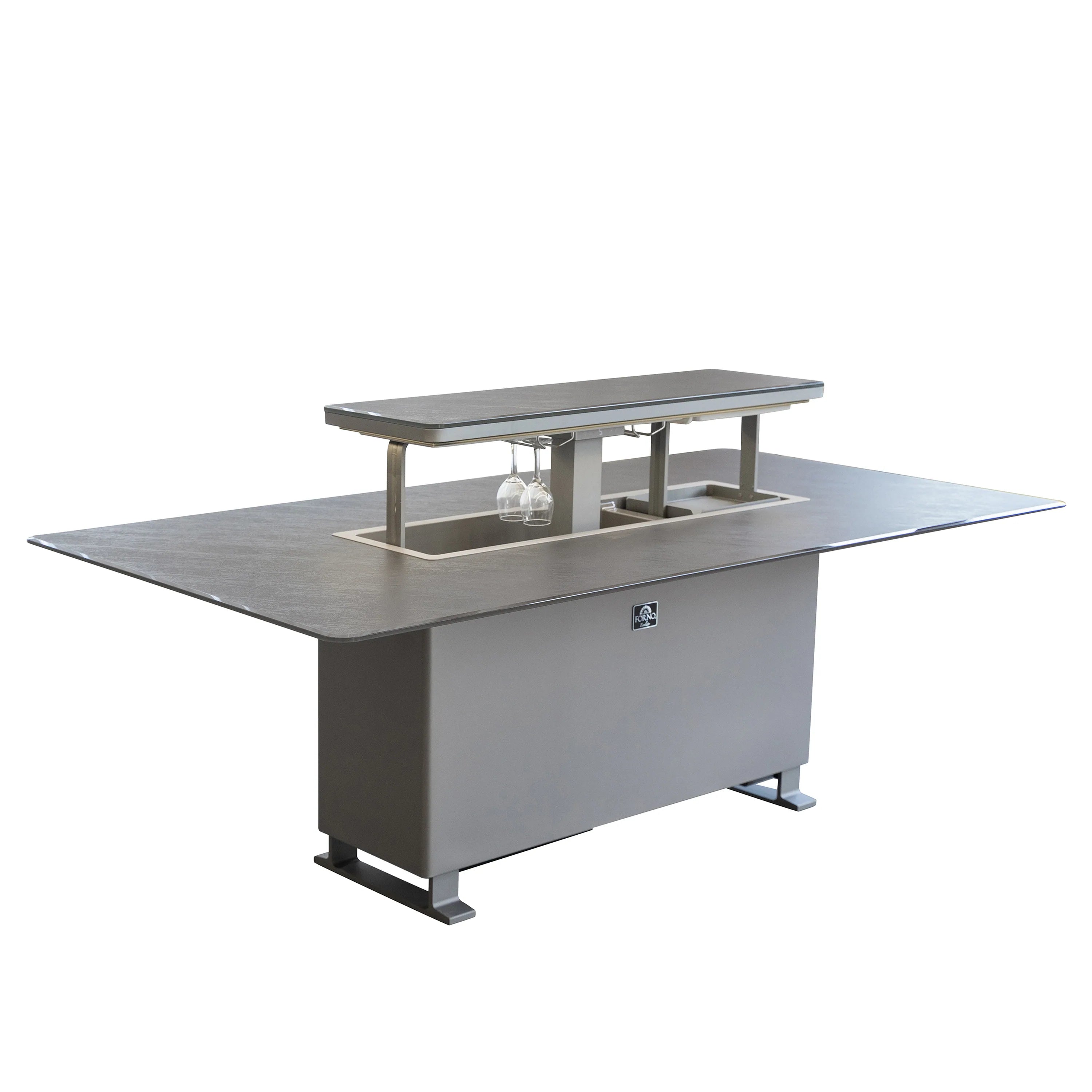 Smart dining table with dark tabletop, open serving frame and hanging glass