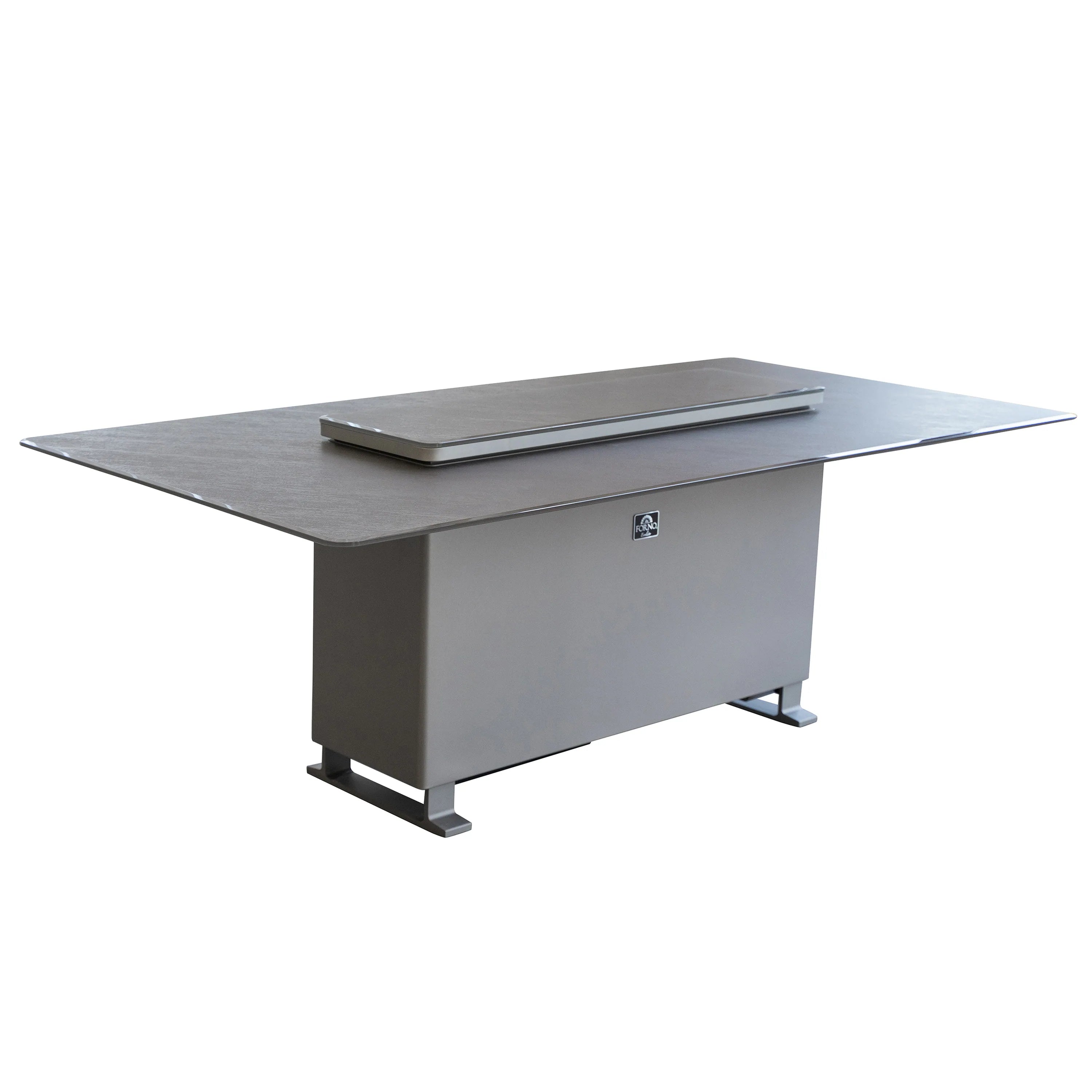 Smart dining table with lifted inner cover and gray sandstone tabletop