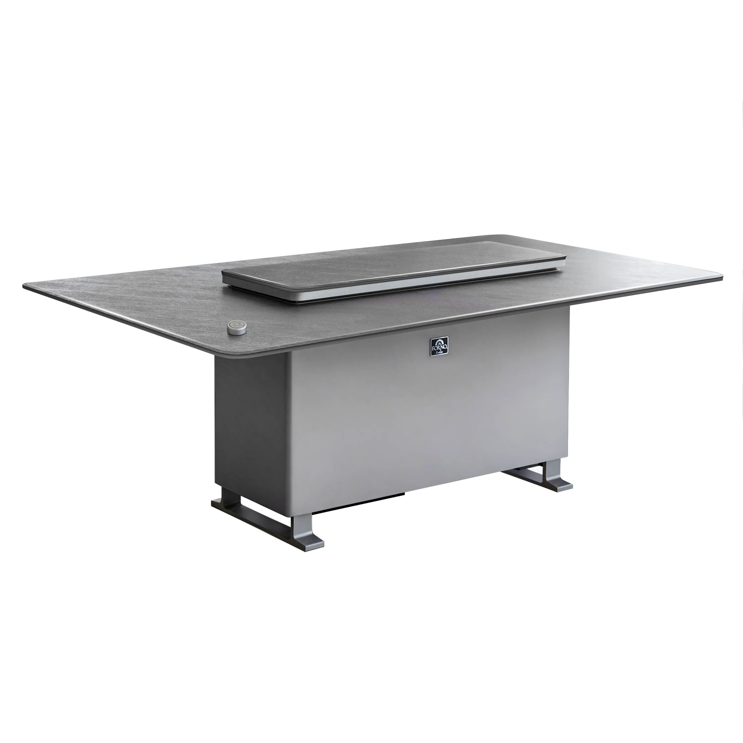 Smart dining table with dark stone top, cabinet base and recessed serving cover
