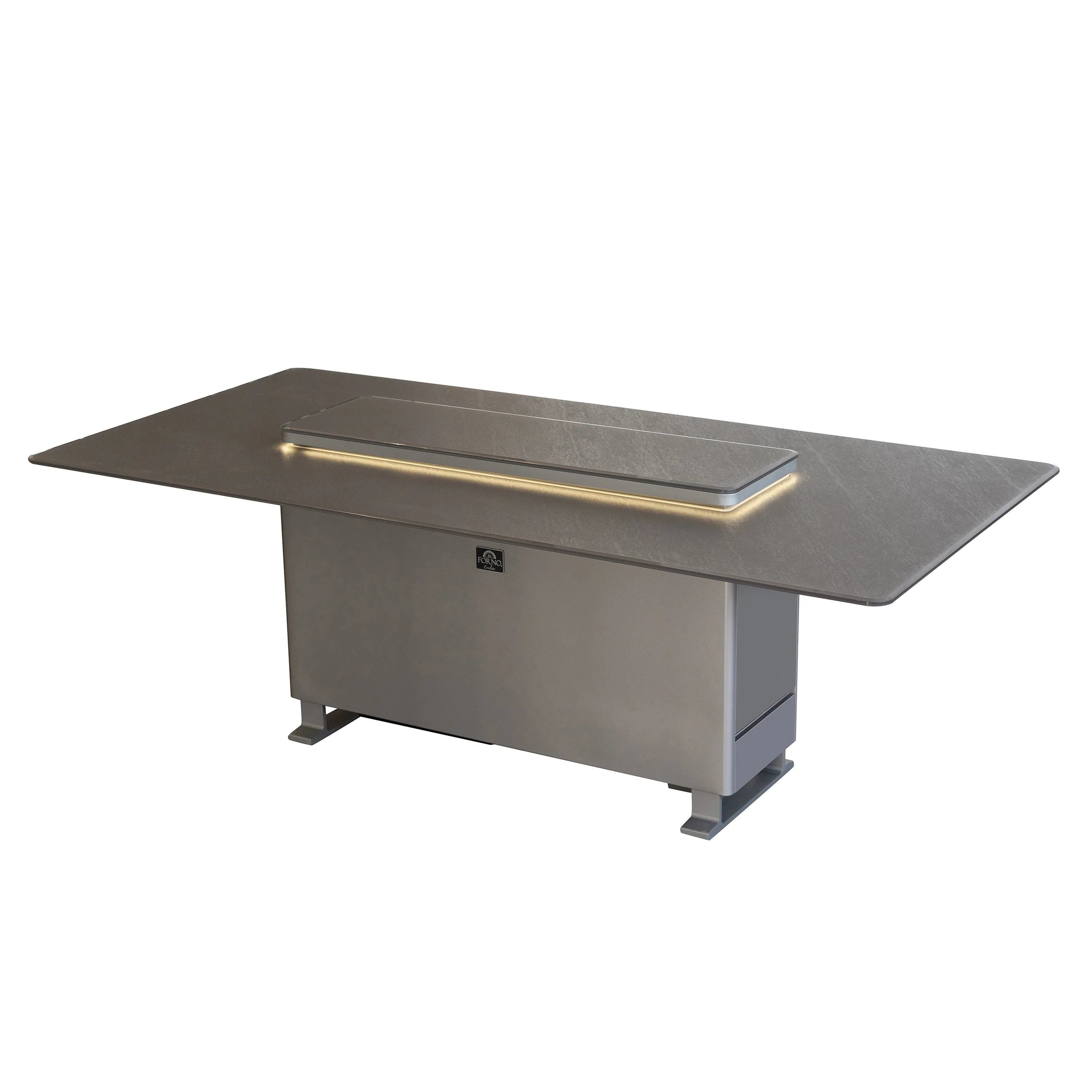 Outdoor dining table with dark stone tabletop wings and glass warming lid