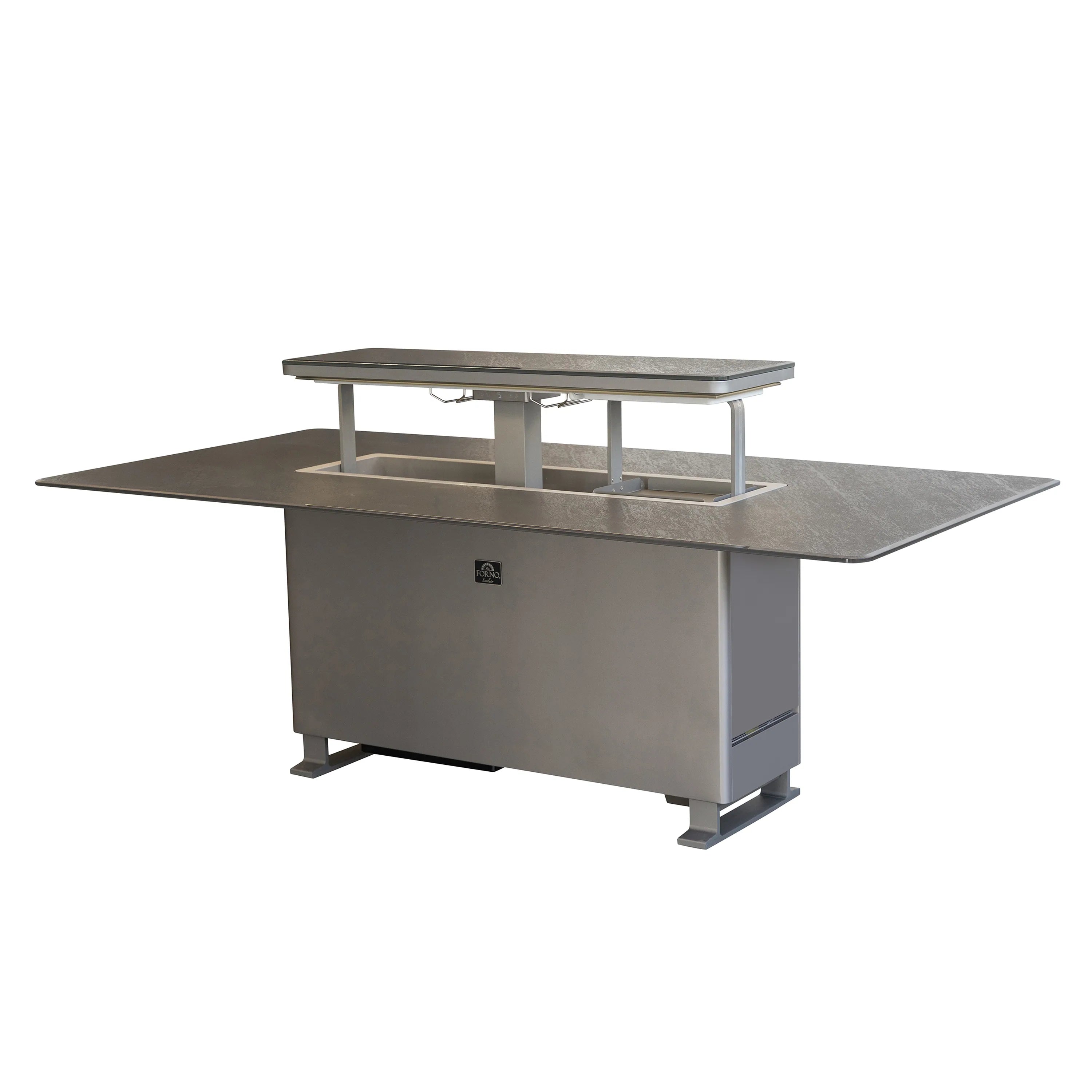 Outdoor dining table with open side shelves, dark stone surfaces, and stainless base