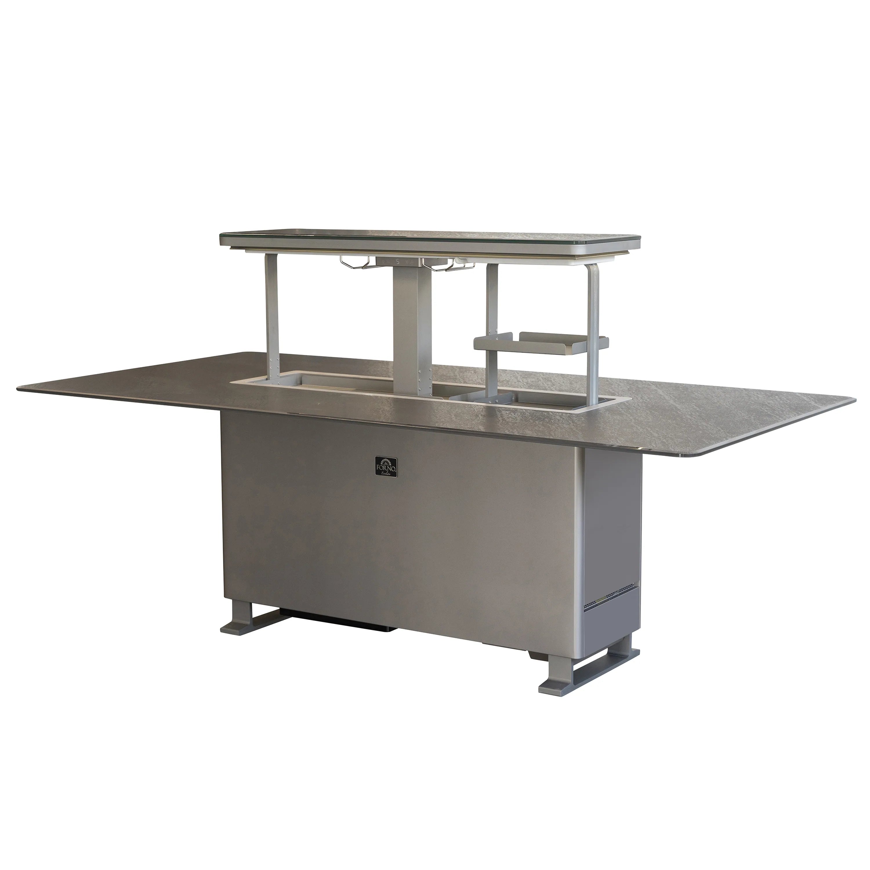 Smart dining table with dark top, stainless cabinet and built-in serving frame