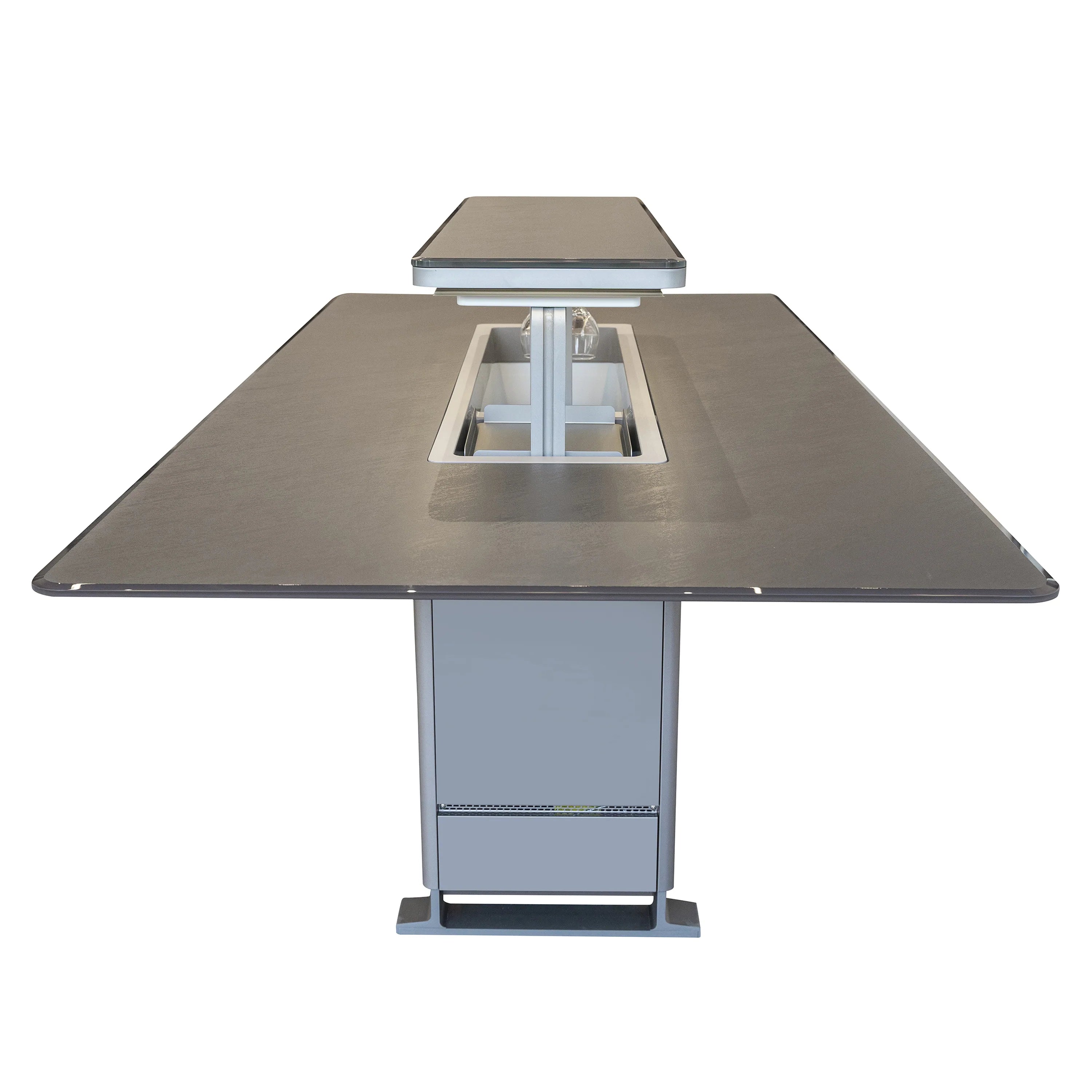 Smart dining table with open center lift and dark tabletop, light gray cabinet