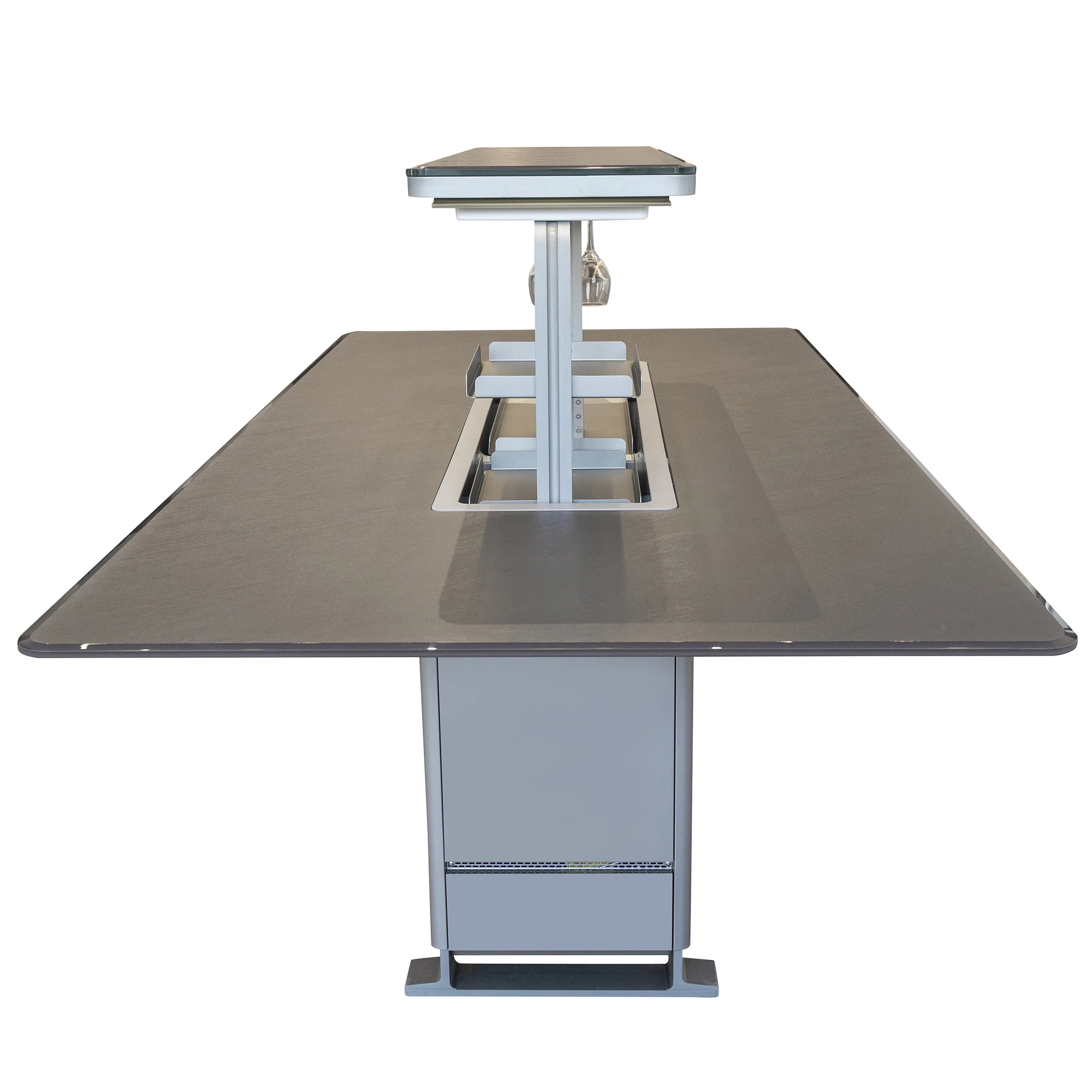 Smart dining table with lift-top frame open, dark tabletop and light cabinet base