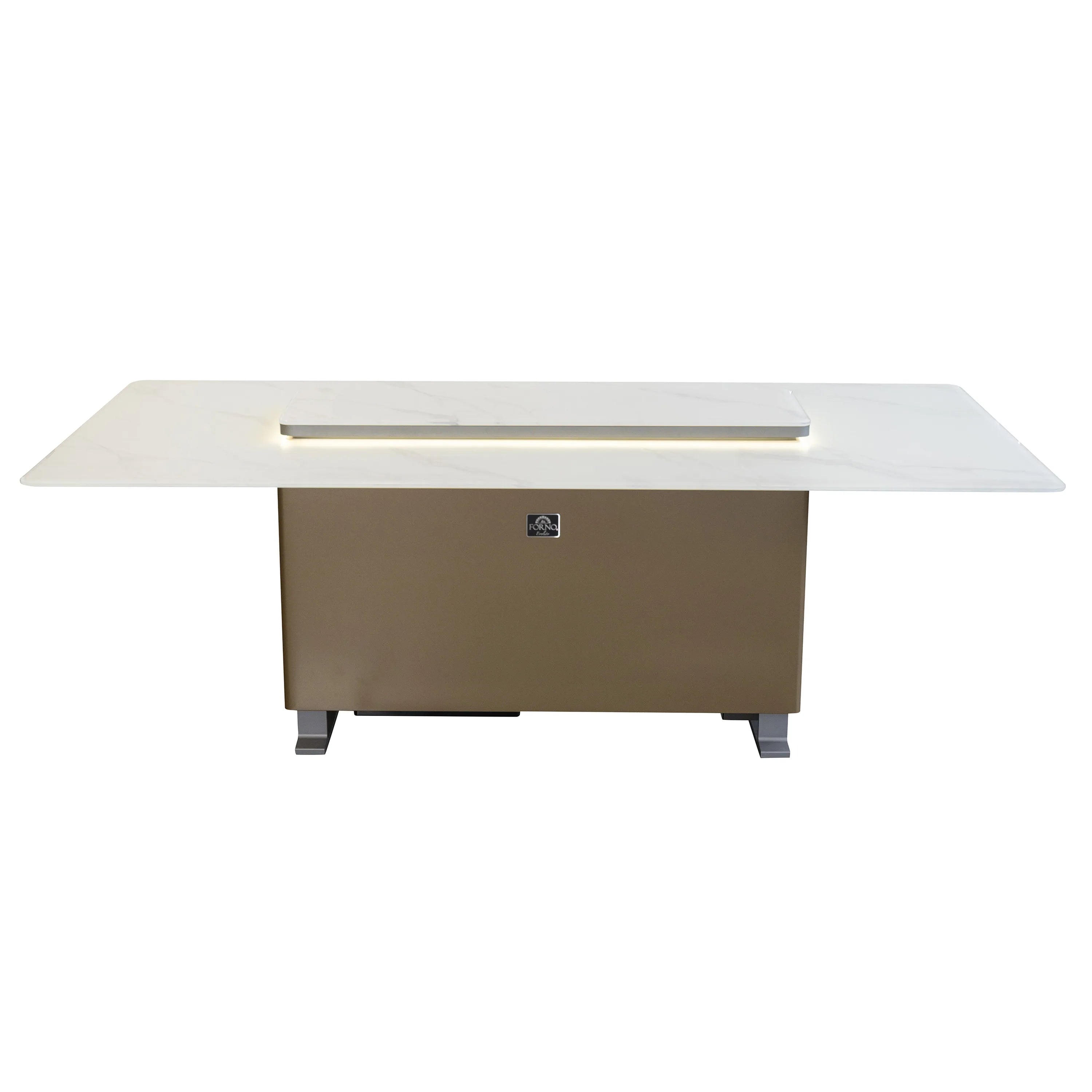 Smart dining table with white lift-up top, dark base, and visible control panel