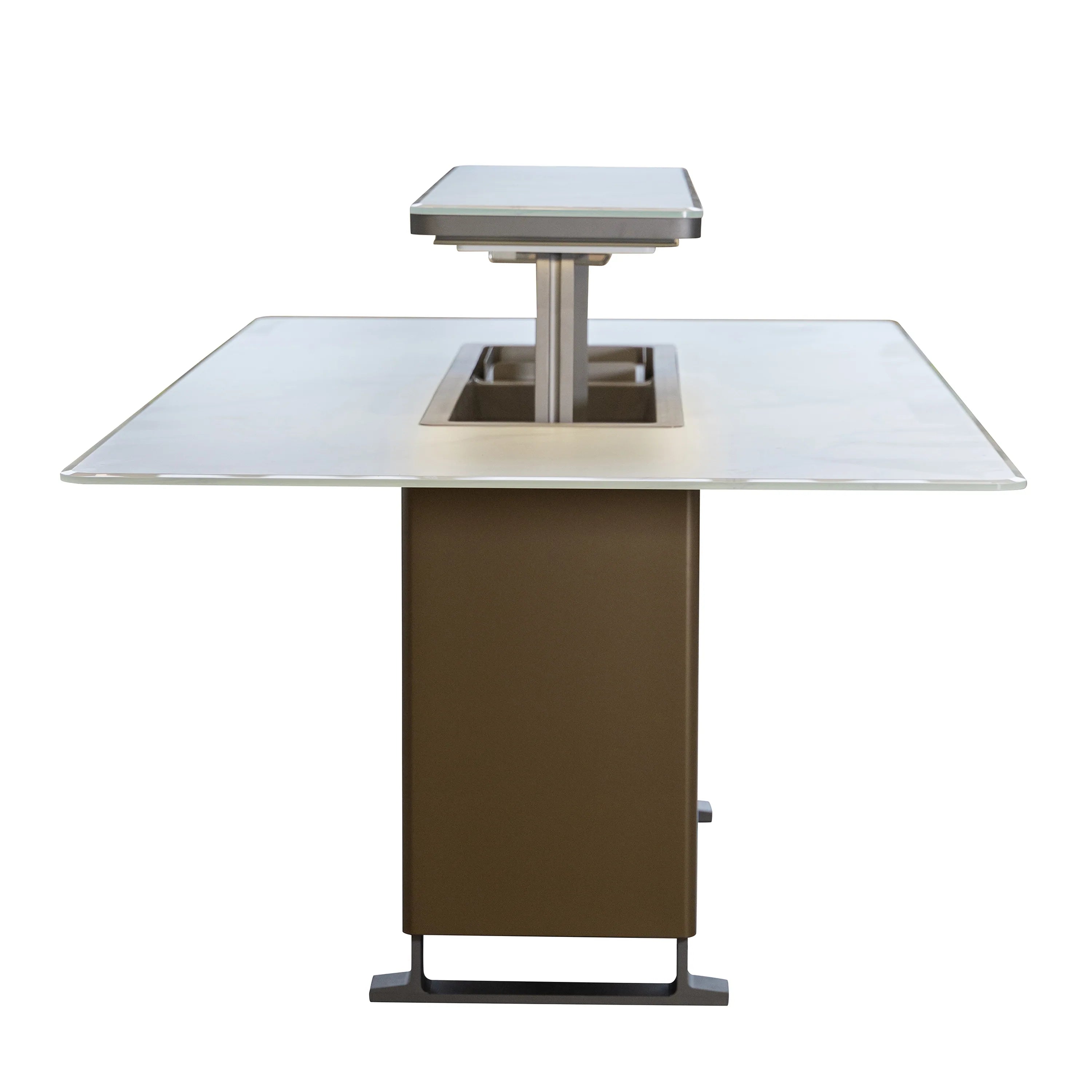 Smart dining table with built-in refrigerator/freezer, center hatch open over glass surface