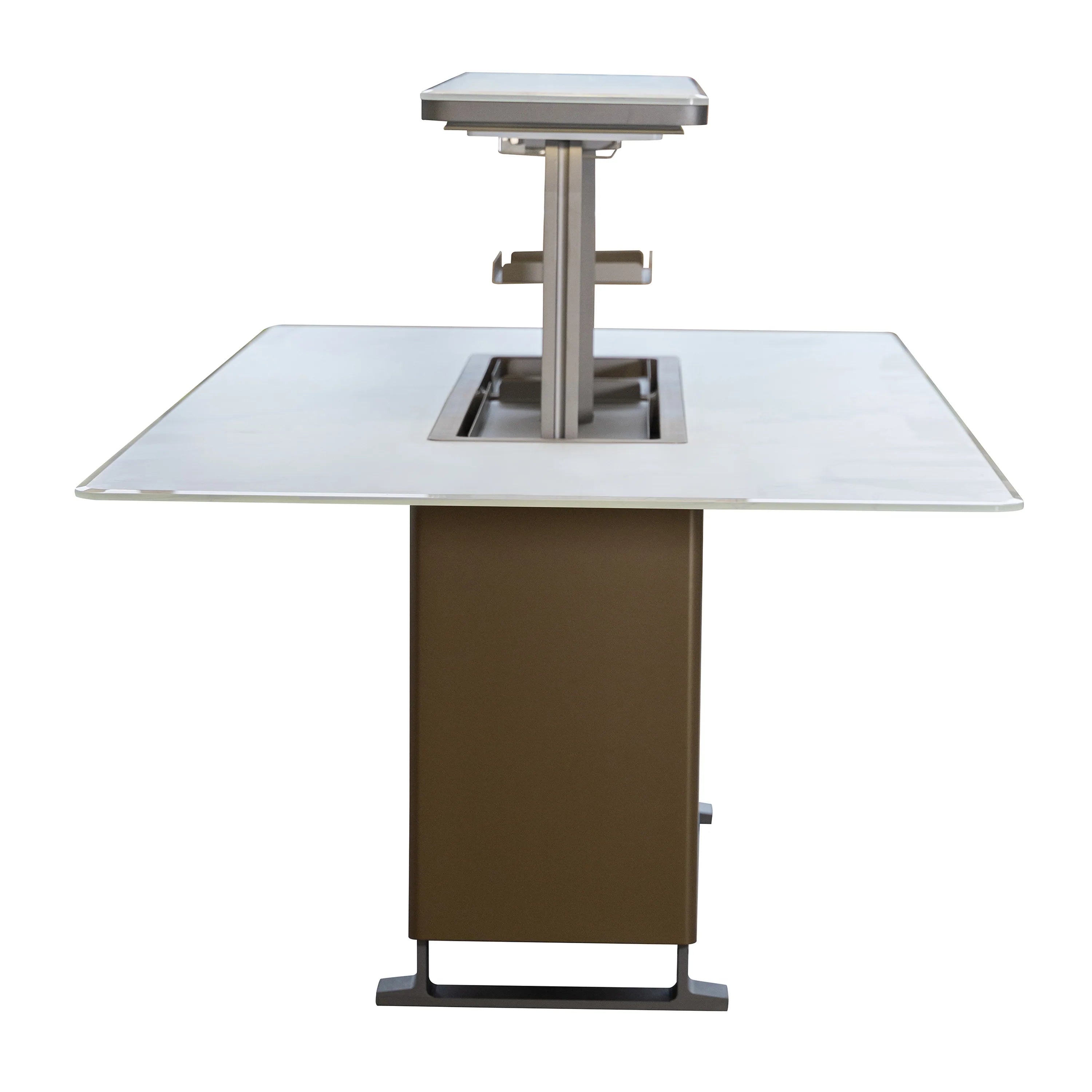 Smart dining table with open serving top showing built-in refrigerated compartment